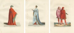 Medieval Costume Figures, 3 Elegant Hand-Colored Antique Prints, France 1845