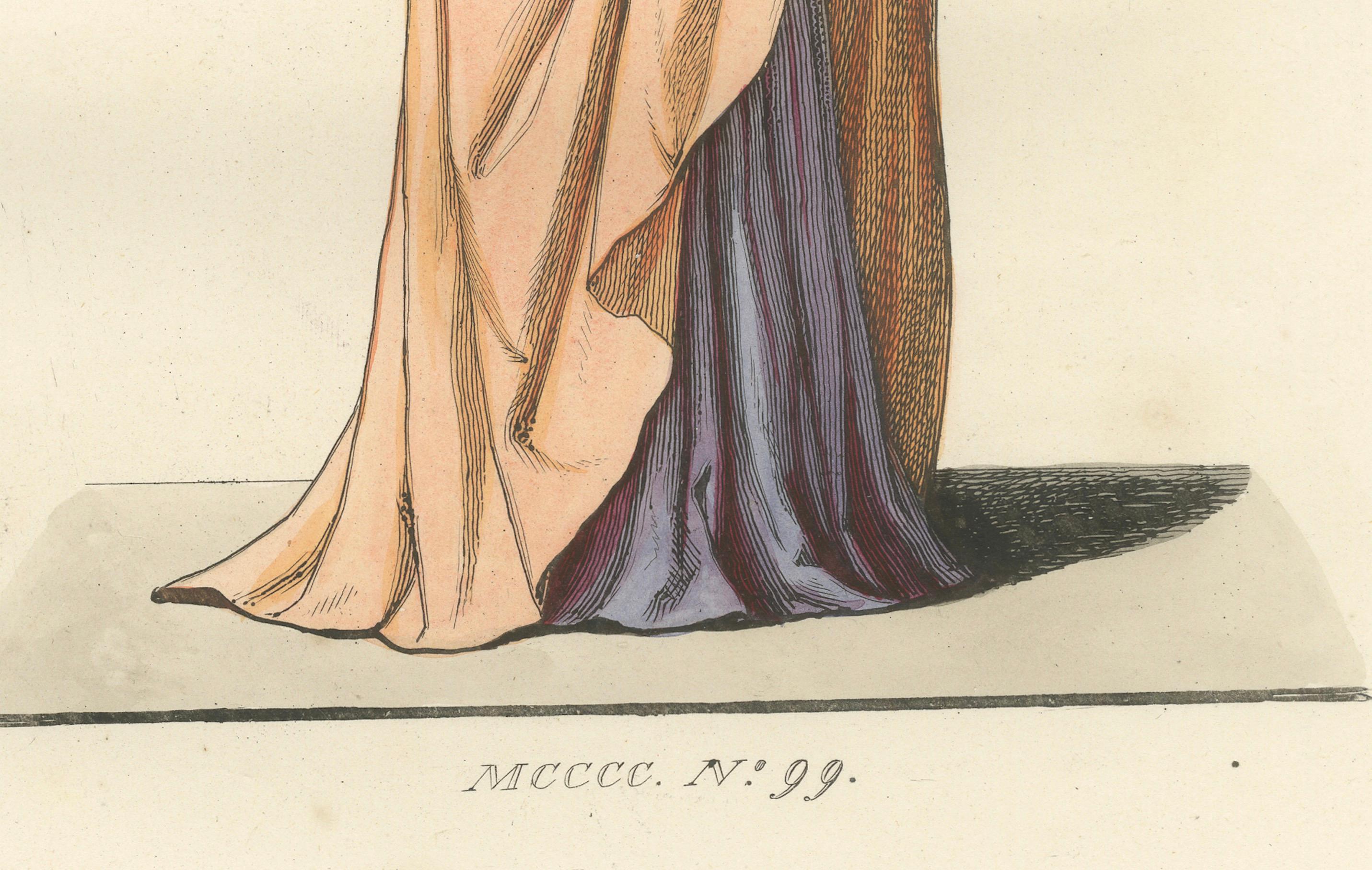 Titel: Elegante Adlige in pfirsichfarbenem und lavendelfarbenem Mantel, Kostümstudie aus dem 15.

Beschreibung:
Dieser fein handkolorierte Stich, der 1845 als Teil der bedeutenden Serie Costumes Historiques des XIIIe, XIVe et XVe Siècles