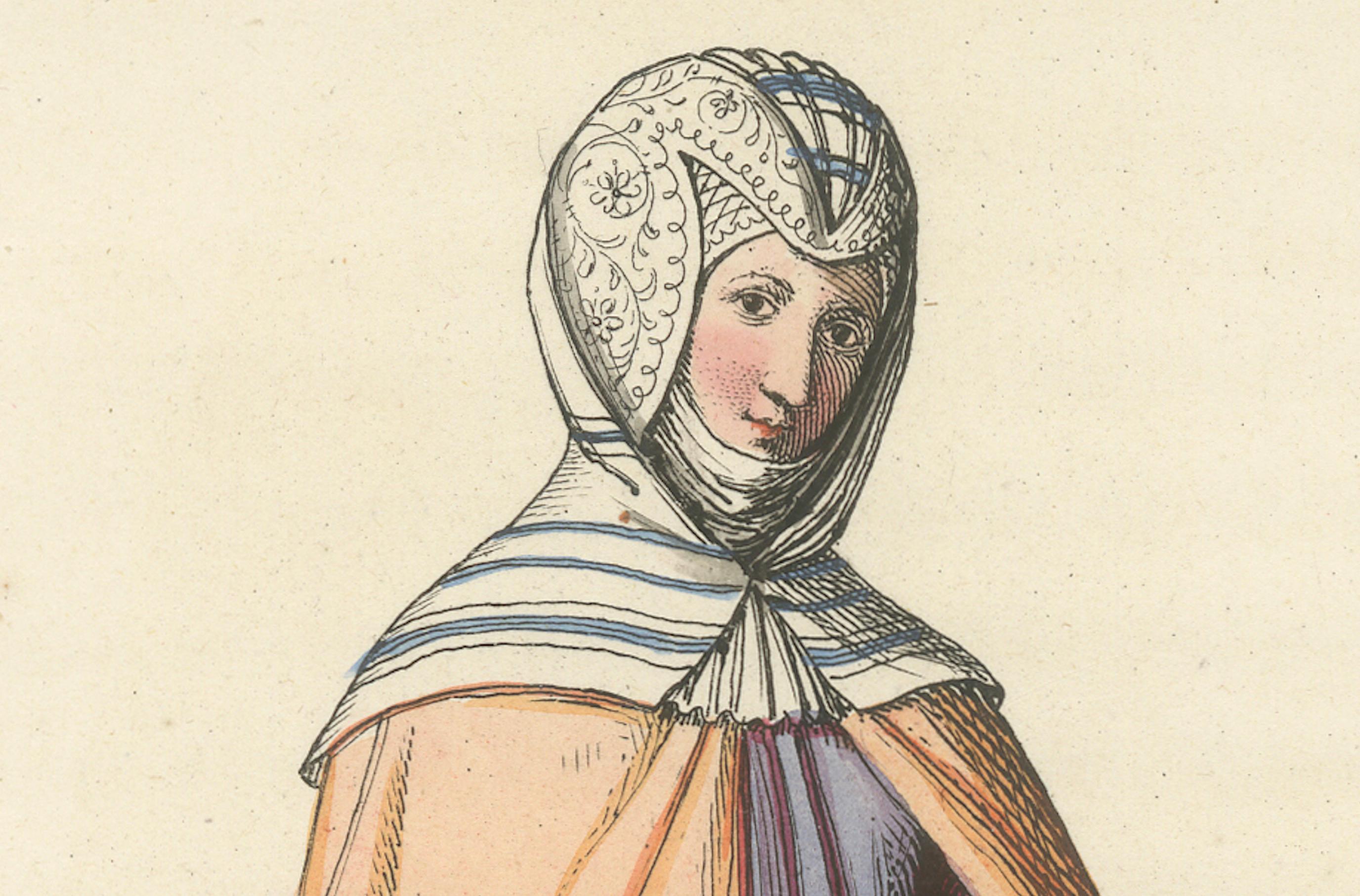 Mittelalterlicher Kostümdruck 1845 - Adelige in Pfirsich- und Lavendelgewand (Graviert) im Angebot