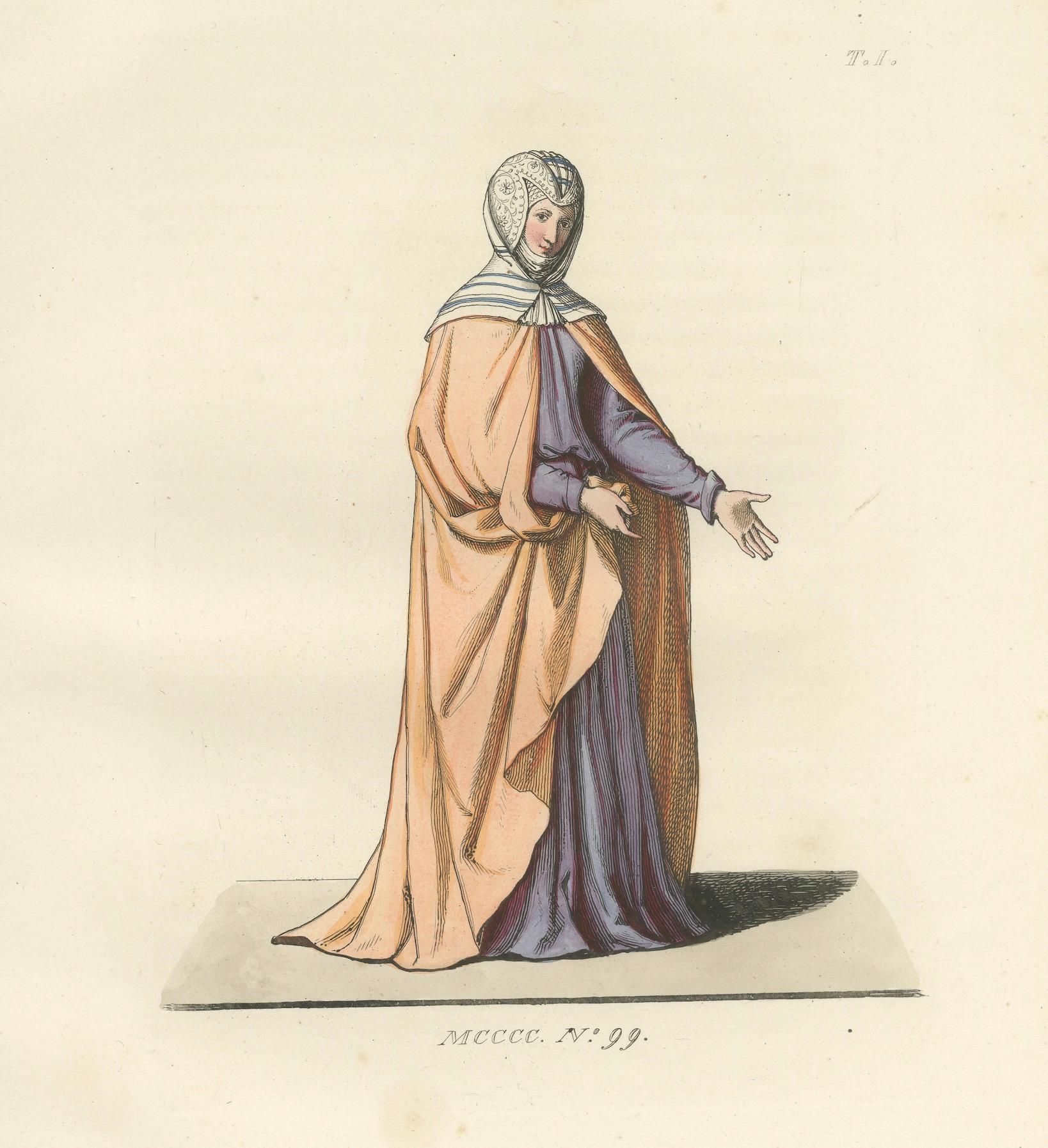 Mittelalterlicher Kostümdruck 1845 - Adelige in Pfirsich- und Lavendelgewand im Zustand „Gut“ im Angebot in Langweer, NL