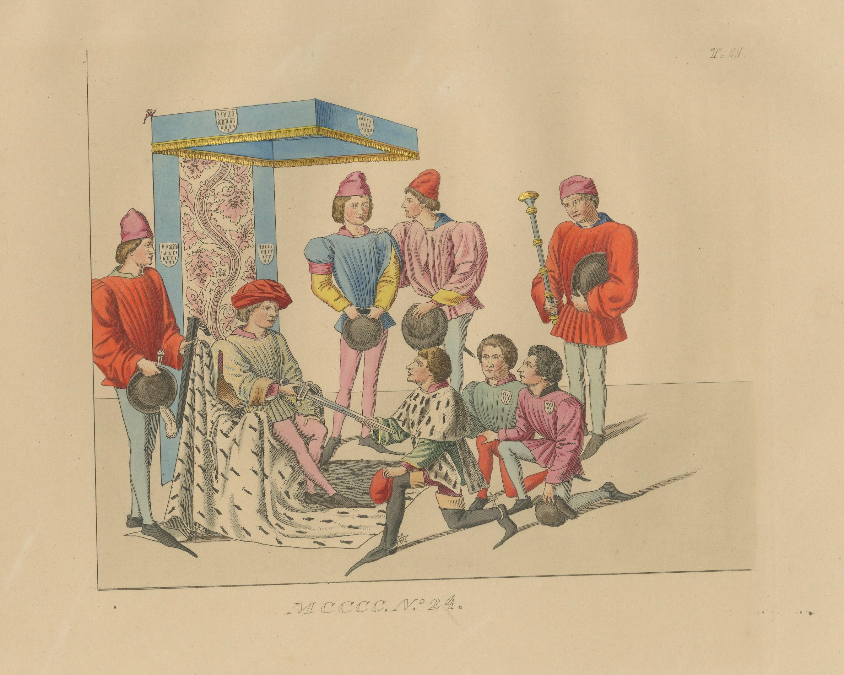 Medieval Court Ceremony, Antique Hand-Colored Lithograph by Bonnard, 1845