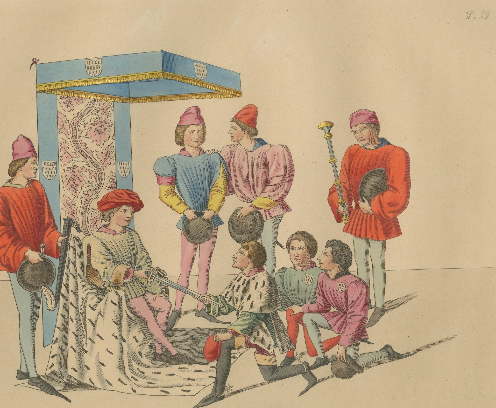 Medieval Court Ceremony, Antique Hand-Colored Lithograph by Bonnard, 1845