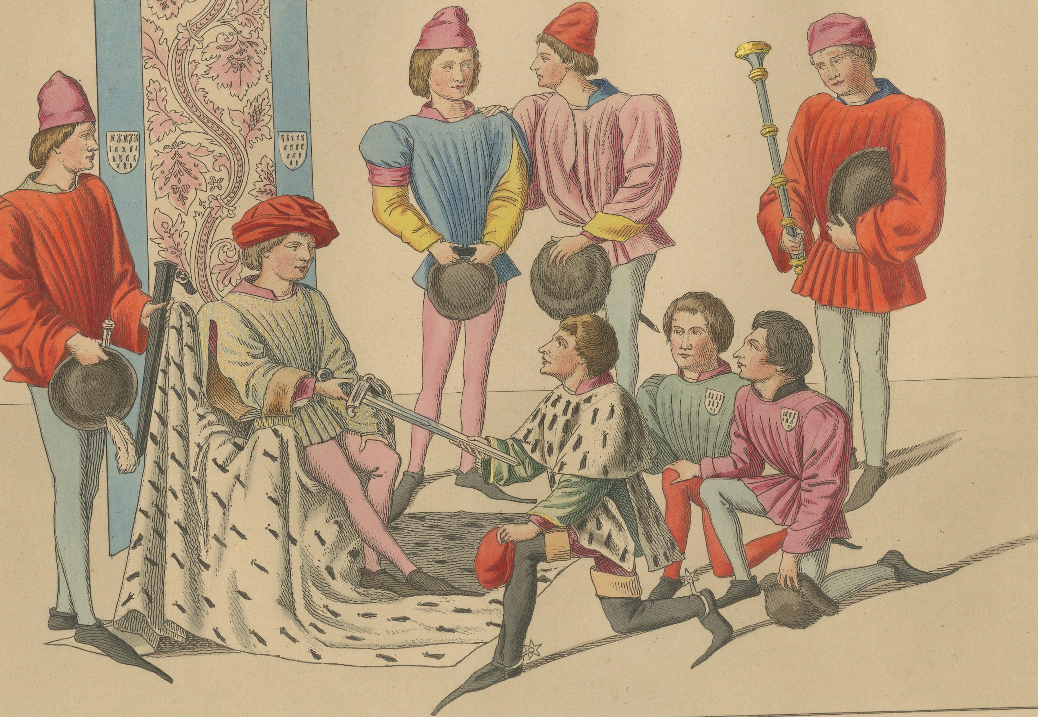 Medieval Court Ceremony, Antique Hand-Colored Lithograph by Bonnard, 1845