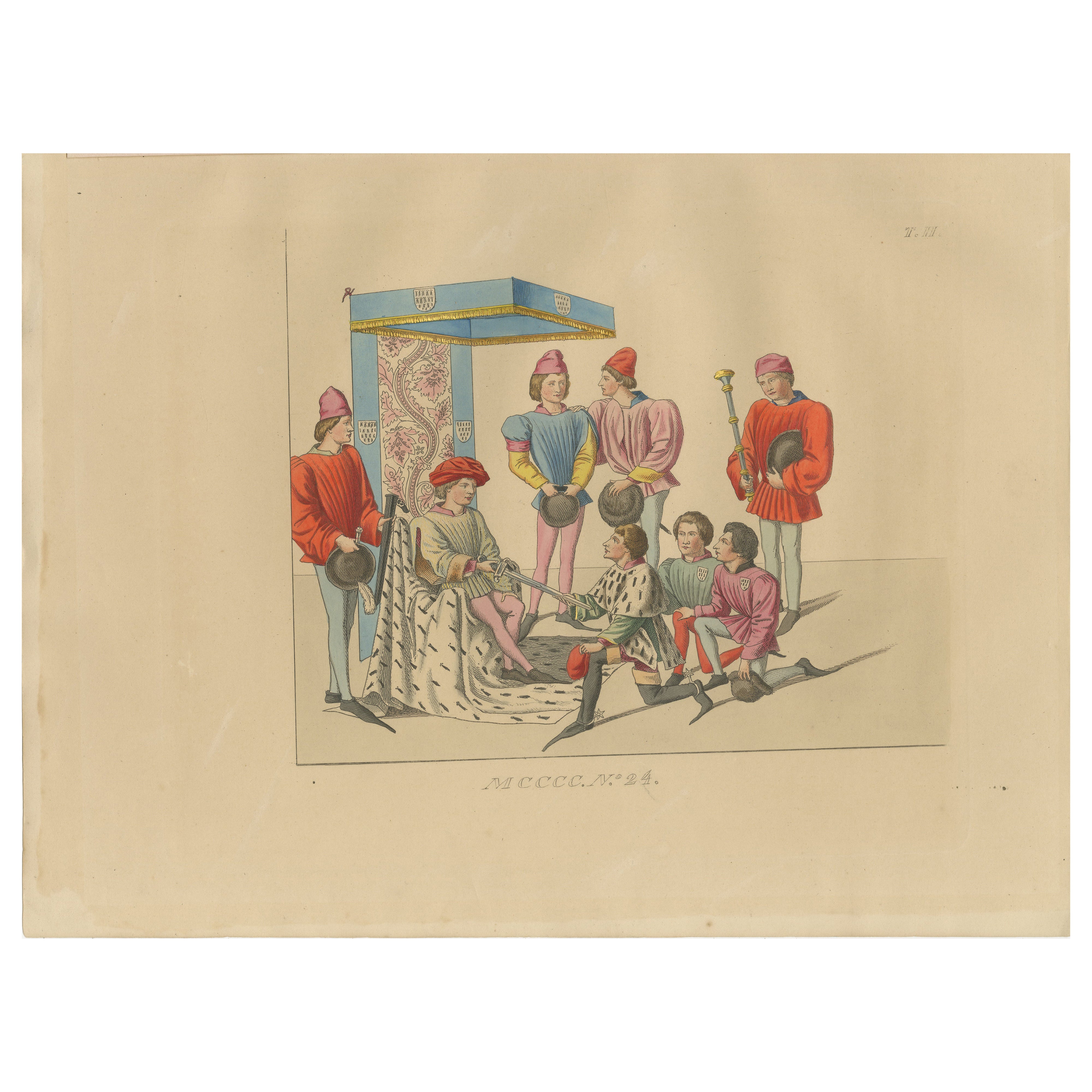 Medieval Court Ceremony, Antique Hand-Colored Lithograph by Bonnard, 1845