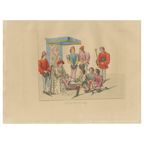 Medieval Court Ceremony, Antique Hand-Colored Lithograph by Bonnard, 1845