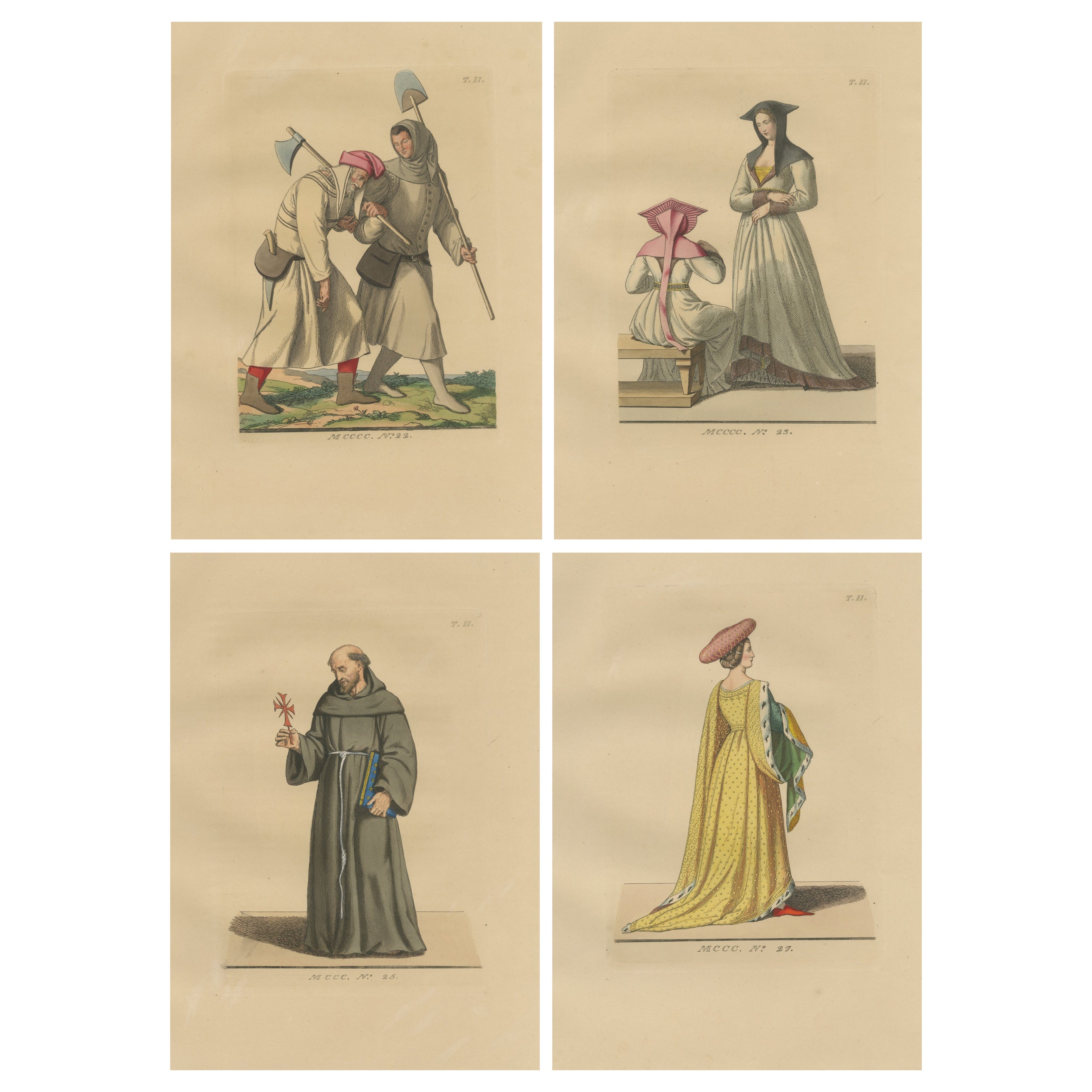 Medieval Court, Clergy 
Peasants – 4 Antique Costume Prints, Bonnard 1845