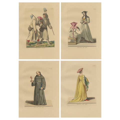 Medieval Court, Clergy & Peasants – 4 Antique Costume Prints, Bonnard 1845
