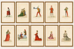 Medieval Courtly Costumes and Figures, Complete Set of 10 Hand-Colored, 1845