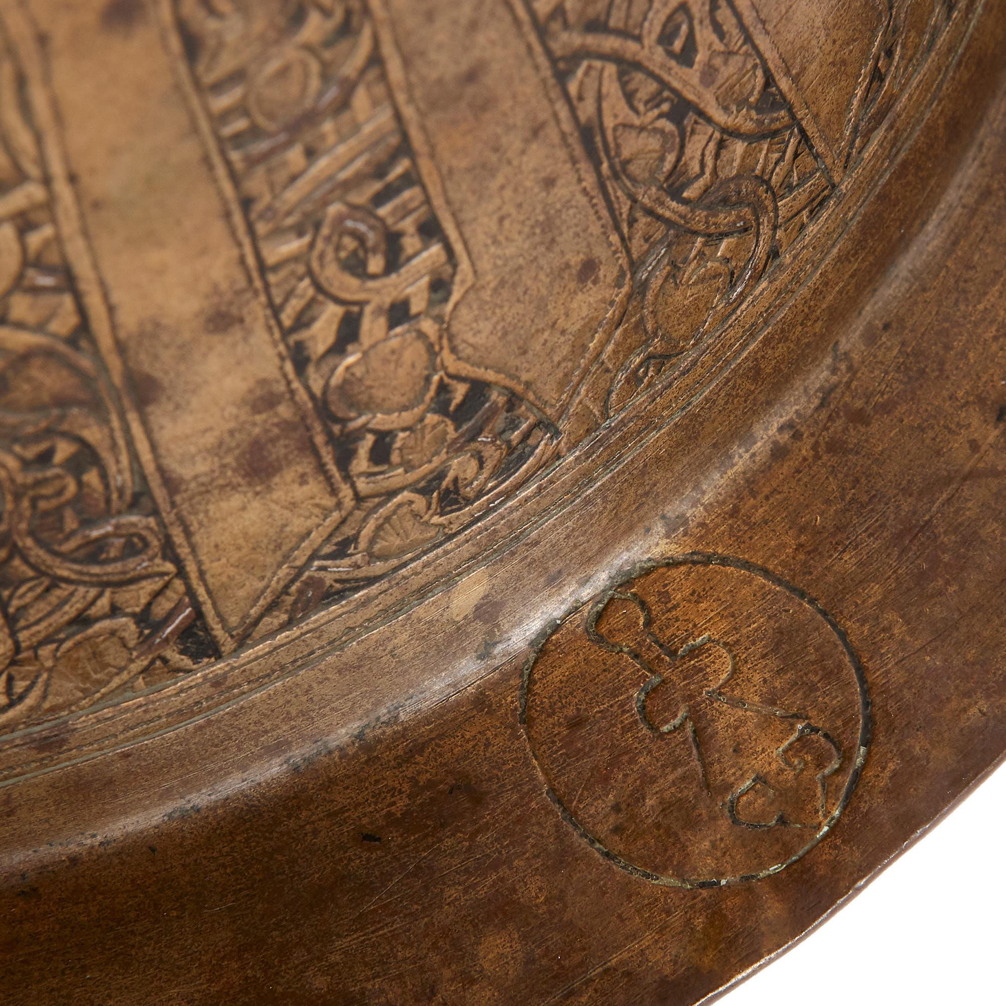 18th Century and Earlier Medieval Egyptian Mamluk Brass Tray Stand with Silver Inlay For Sale