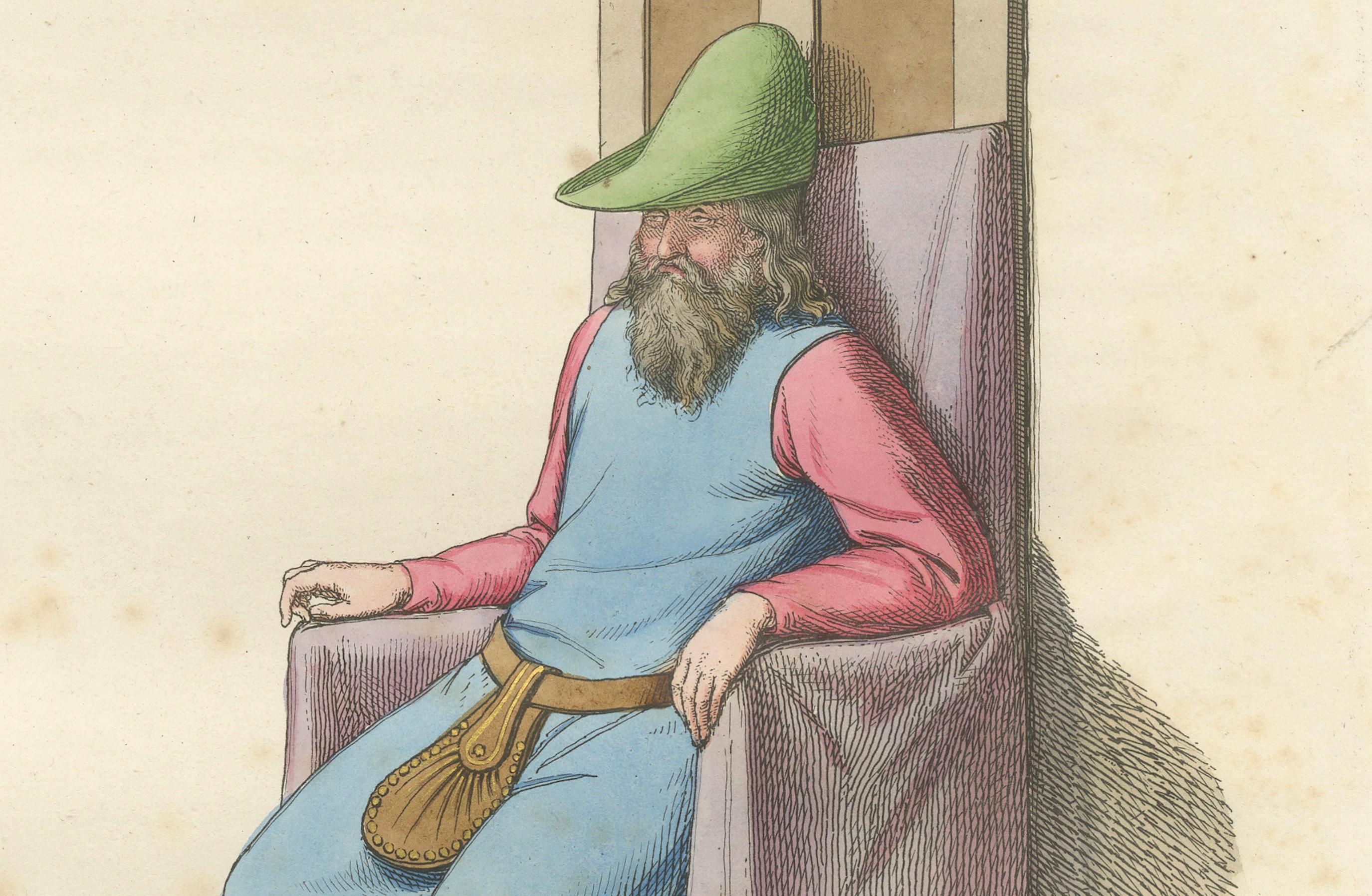 Français Ancien médiéval sur le trône c.1400s - Gravure ancienne d'étude de costume, 1845 en vente