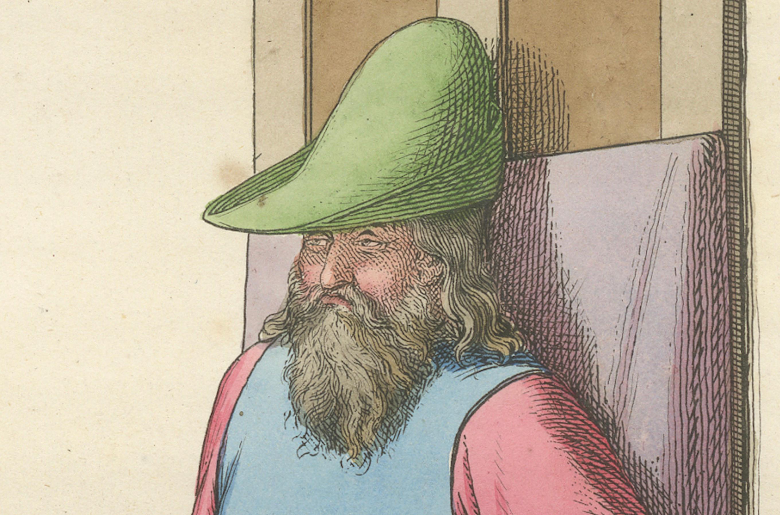 Gravé Ancien médiéval sur le trône c.1400s - Gravure ancienne d'étude de costume, 1845 en vente