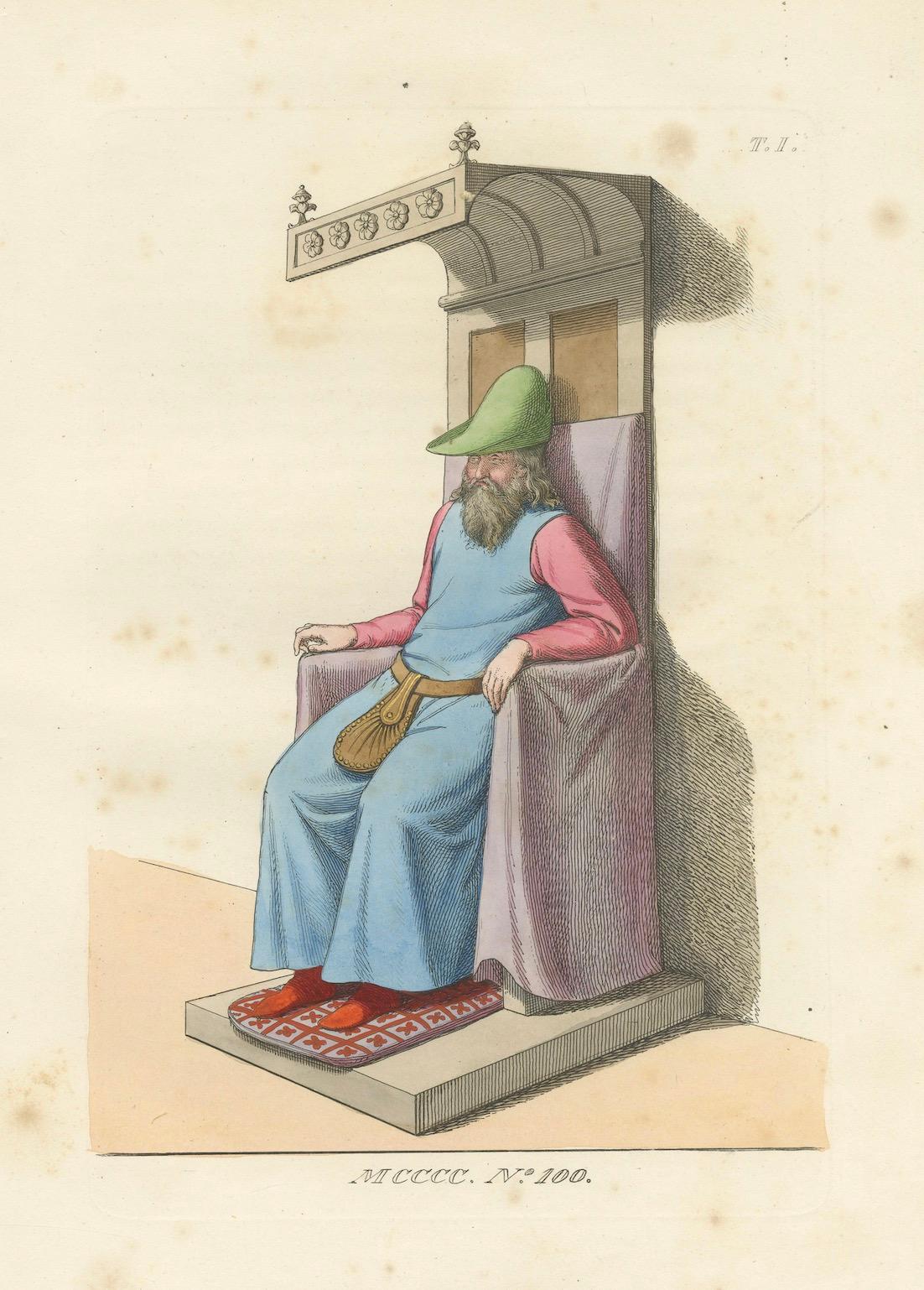 Ancien médiéval sur le trône c.1400s - Gravure ancienne d'étude de costume, 1845 Bon état - En vente à Langweer, NL
