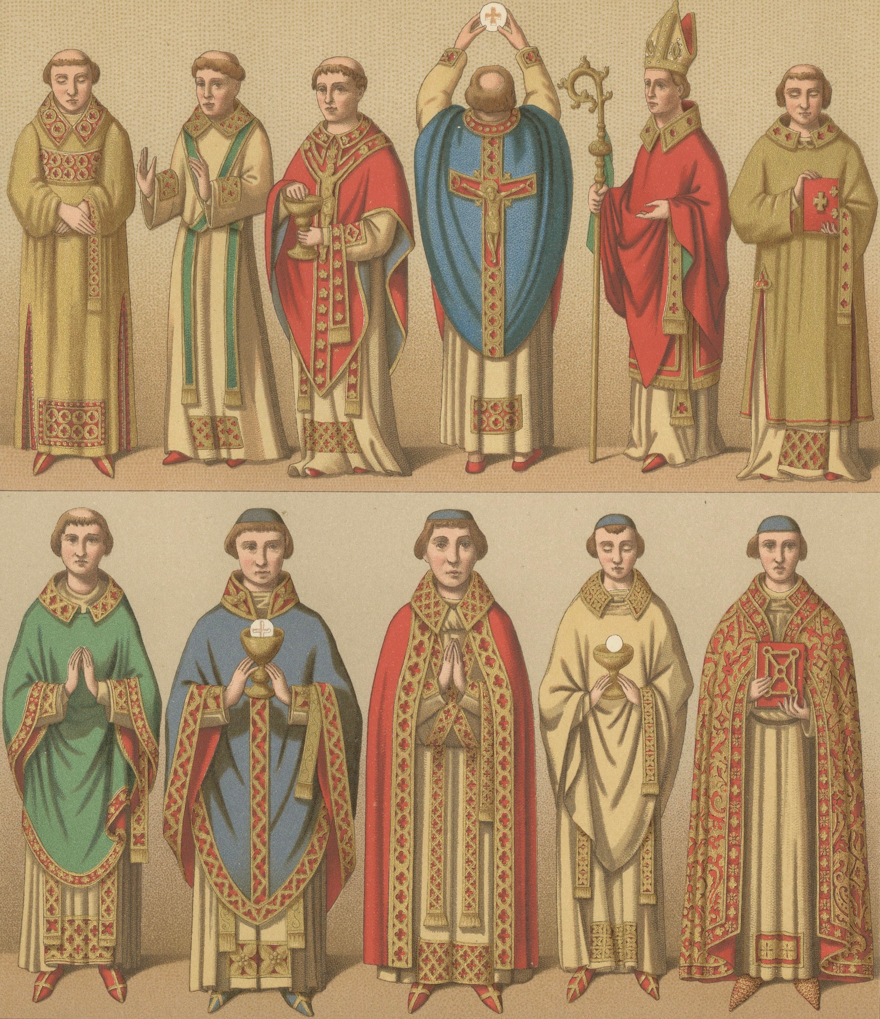 Medieval European Clergy Costumes by Racinet, Gothic Vestments, 1888