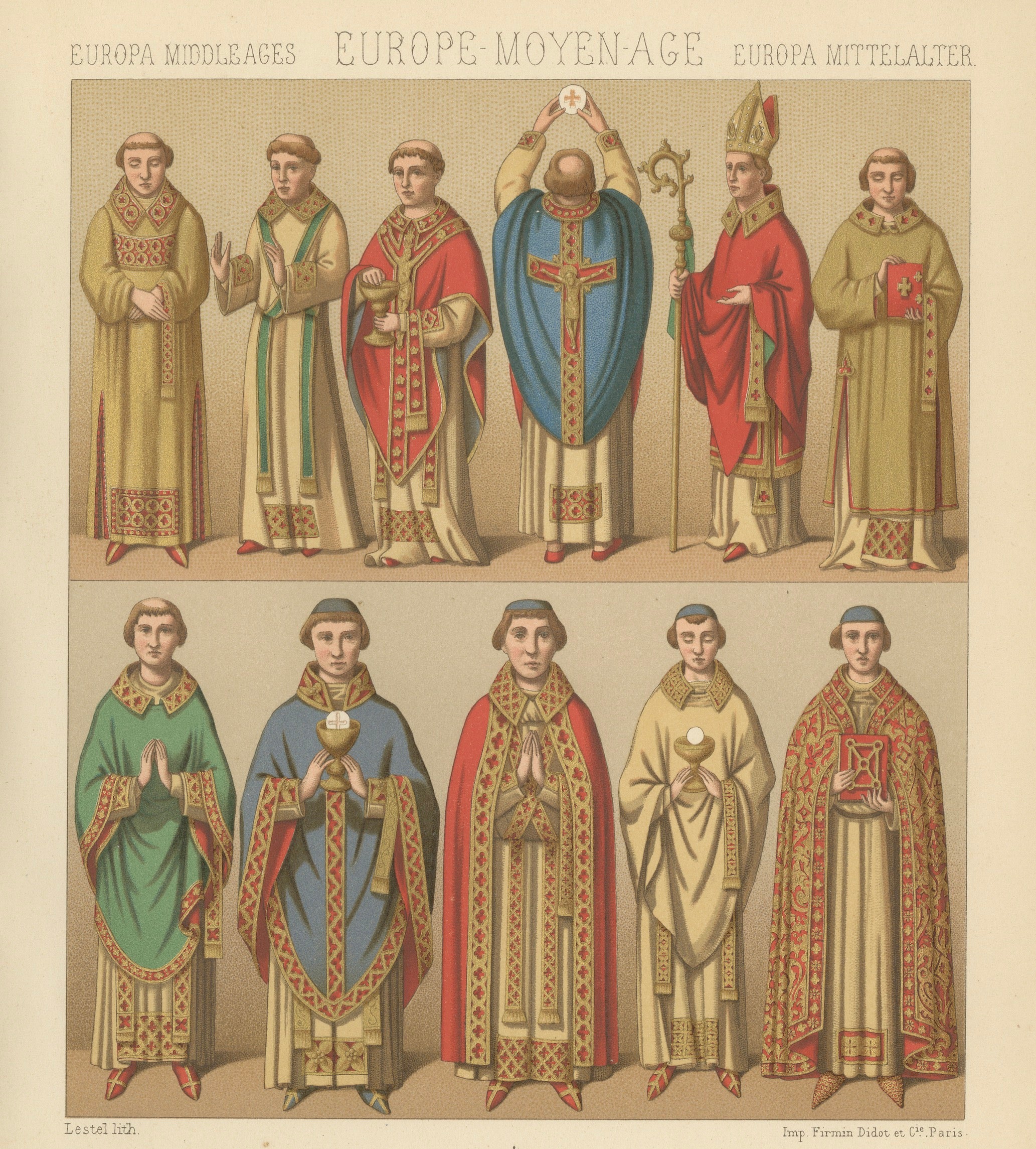 Medieval European Clergy Costumes by Racinet, Gothic Vestments, 1888