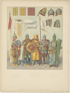 Medieval European Warriors Plate 800–1300, Antique Hand-Colored Print, ca.1880