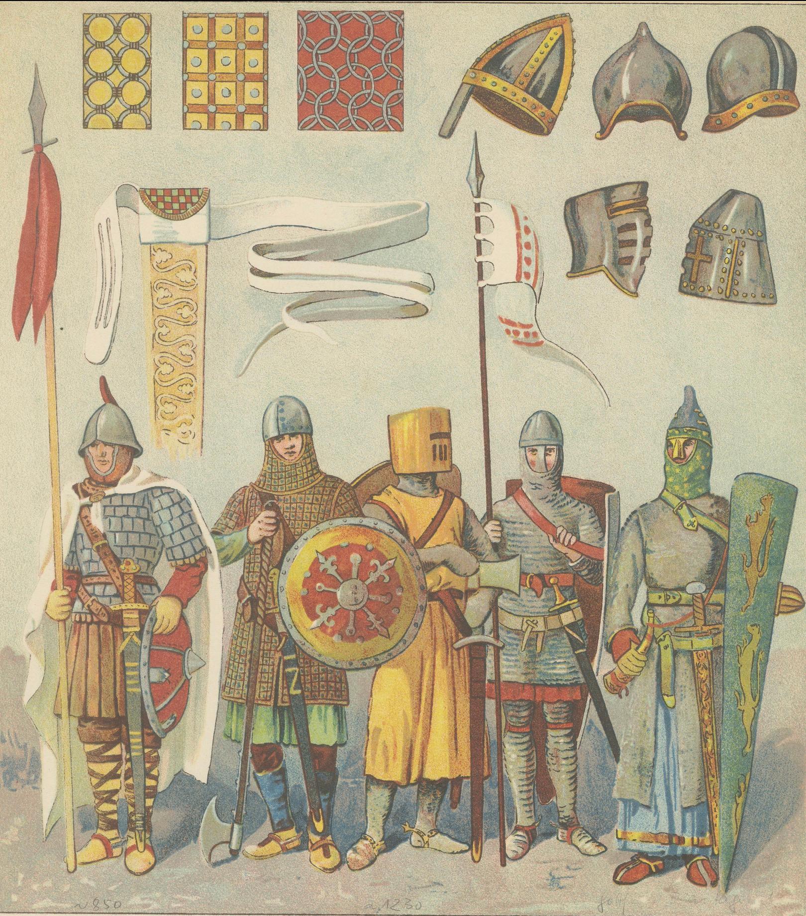 Medieval European Warriors Plate 800–1300, Antique Hand-Colored Print, ca.1880