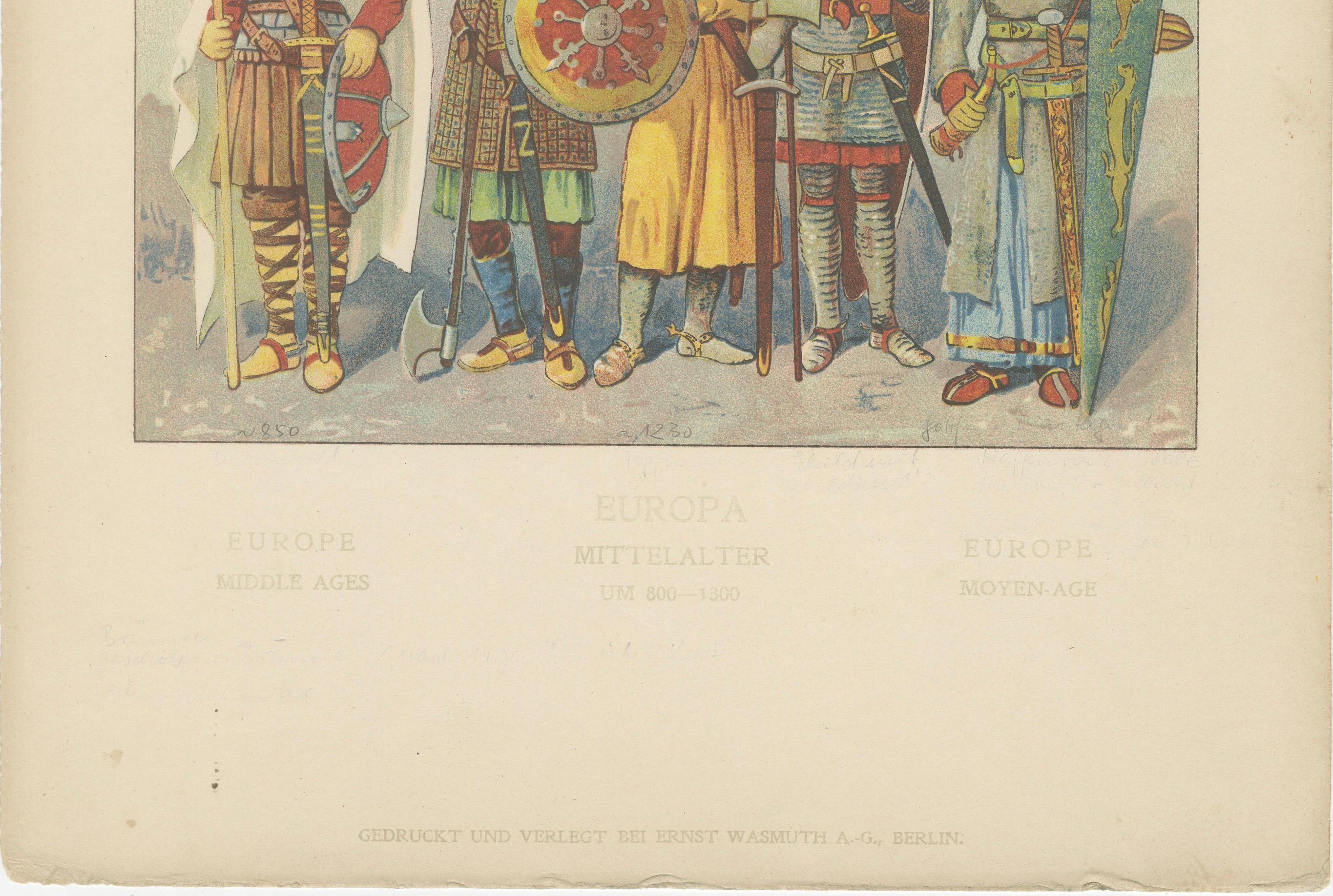 Medieval European Warriors Plate 800–1300, Antique Hand-Colored Print, ca.1880