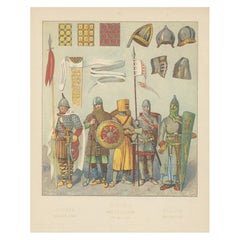 Medieval European Warriors Plate 800–1300, Antique Hand-Colored Print, ca.1880