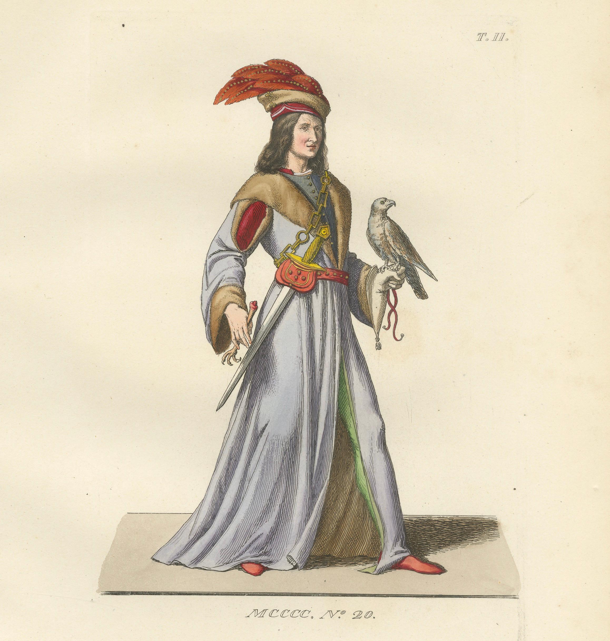 Medieval Falconer Figure – Hand-Colored Costume Engraving, France 1845