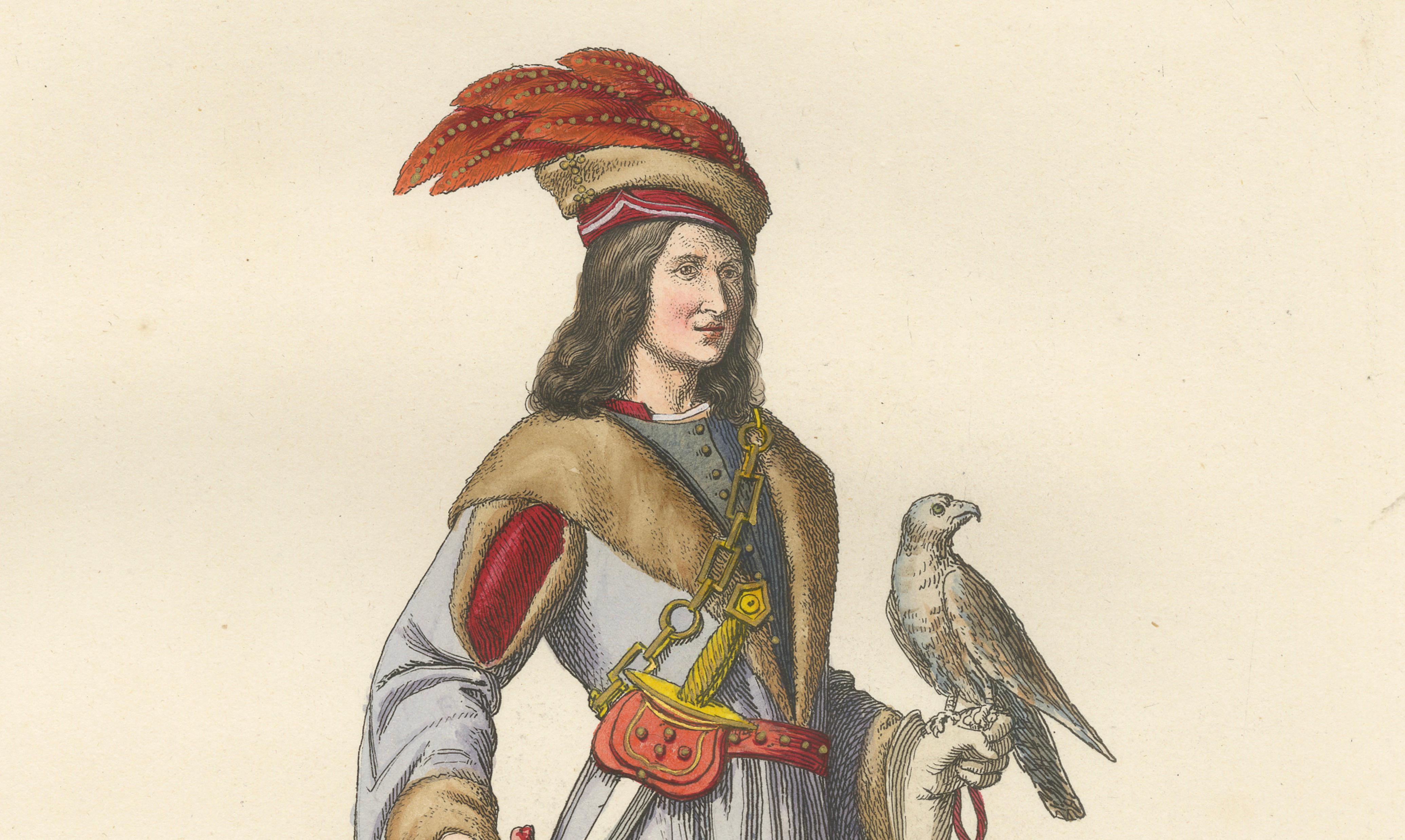 Medieval Falconer Figure – Hand-Colored Costume Engraving, France 1845