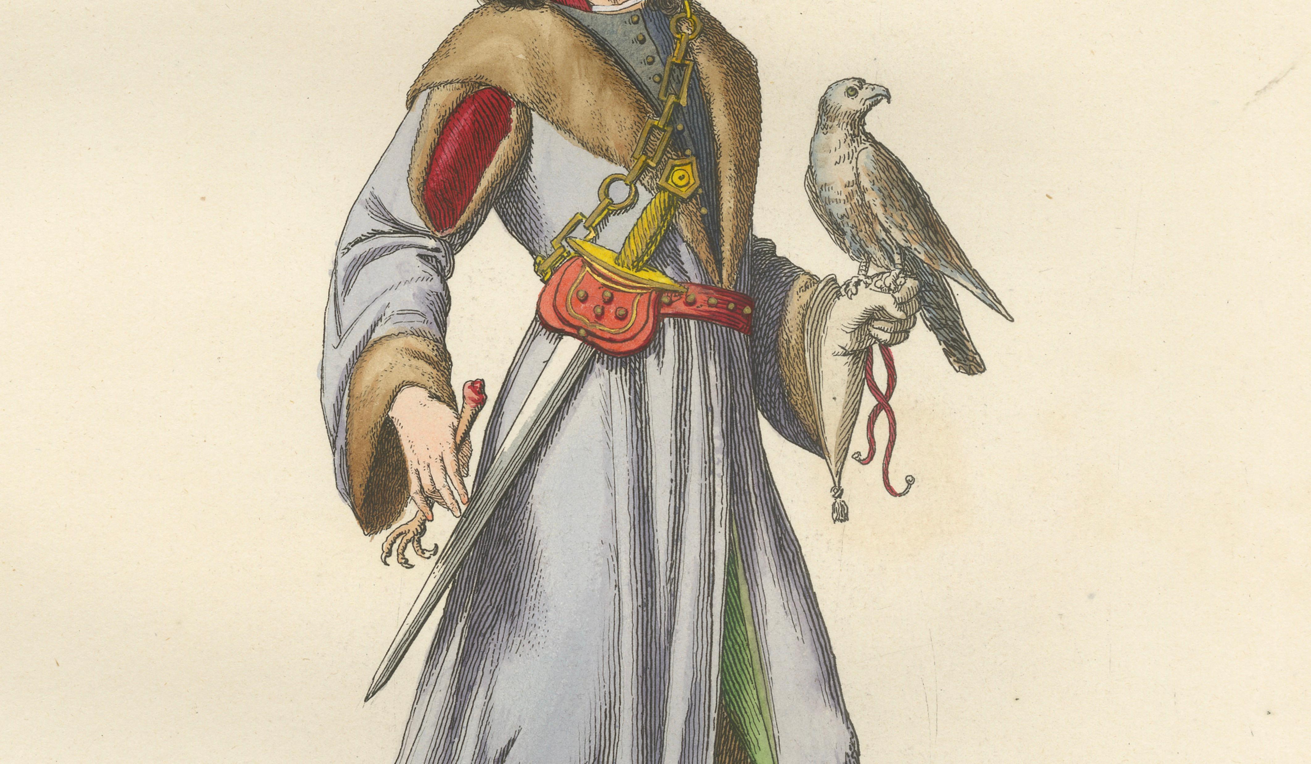 Medieval Falconer Figure – Hand-Colored Costume Engraving, France 1845