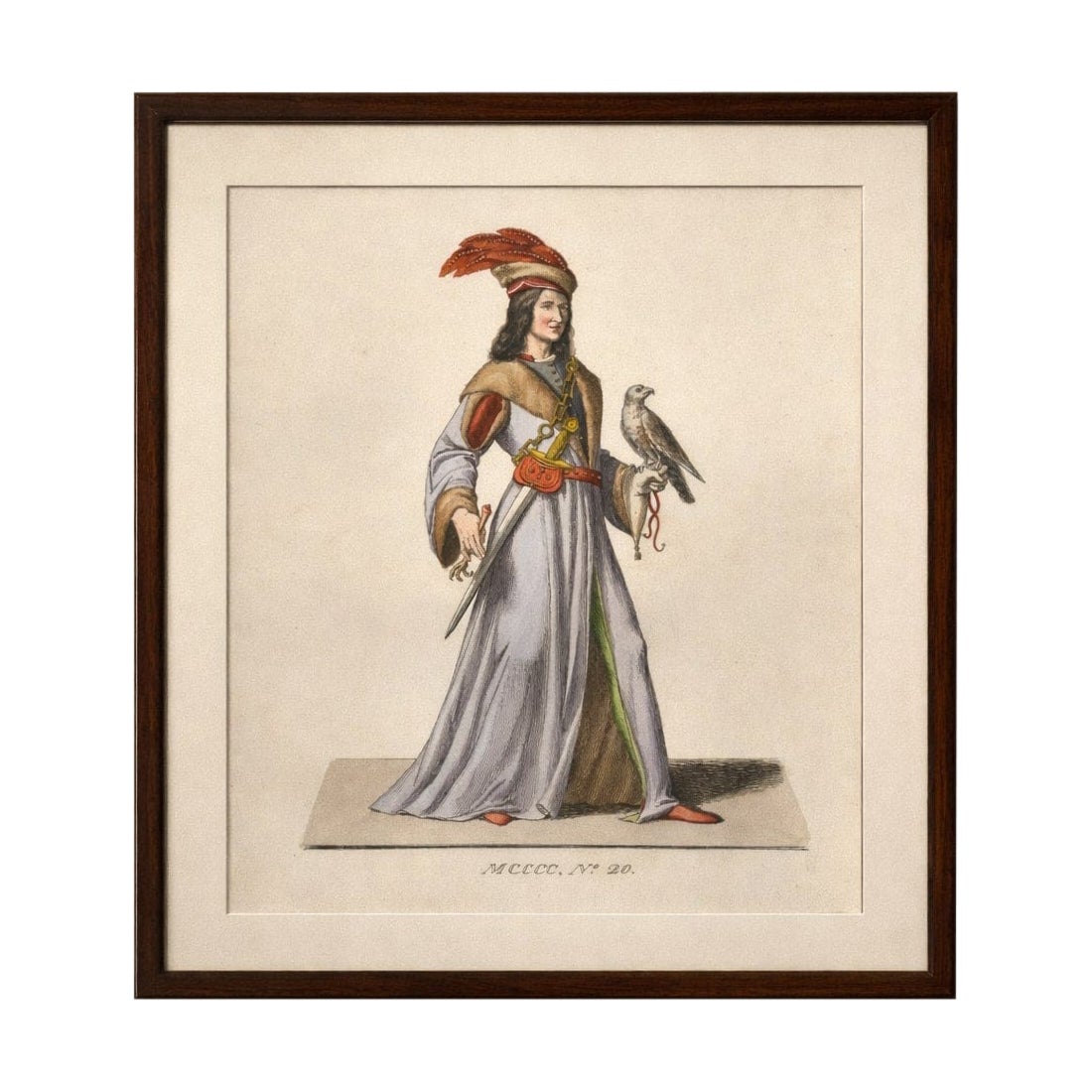 Medieval Falconer Figure – Hand-Colored Costume Engraving, France 1845