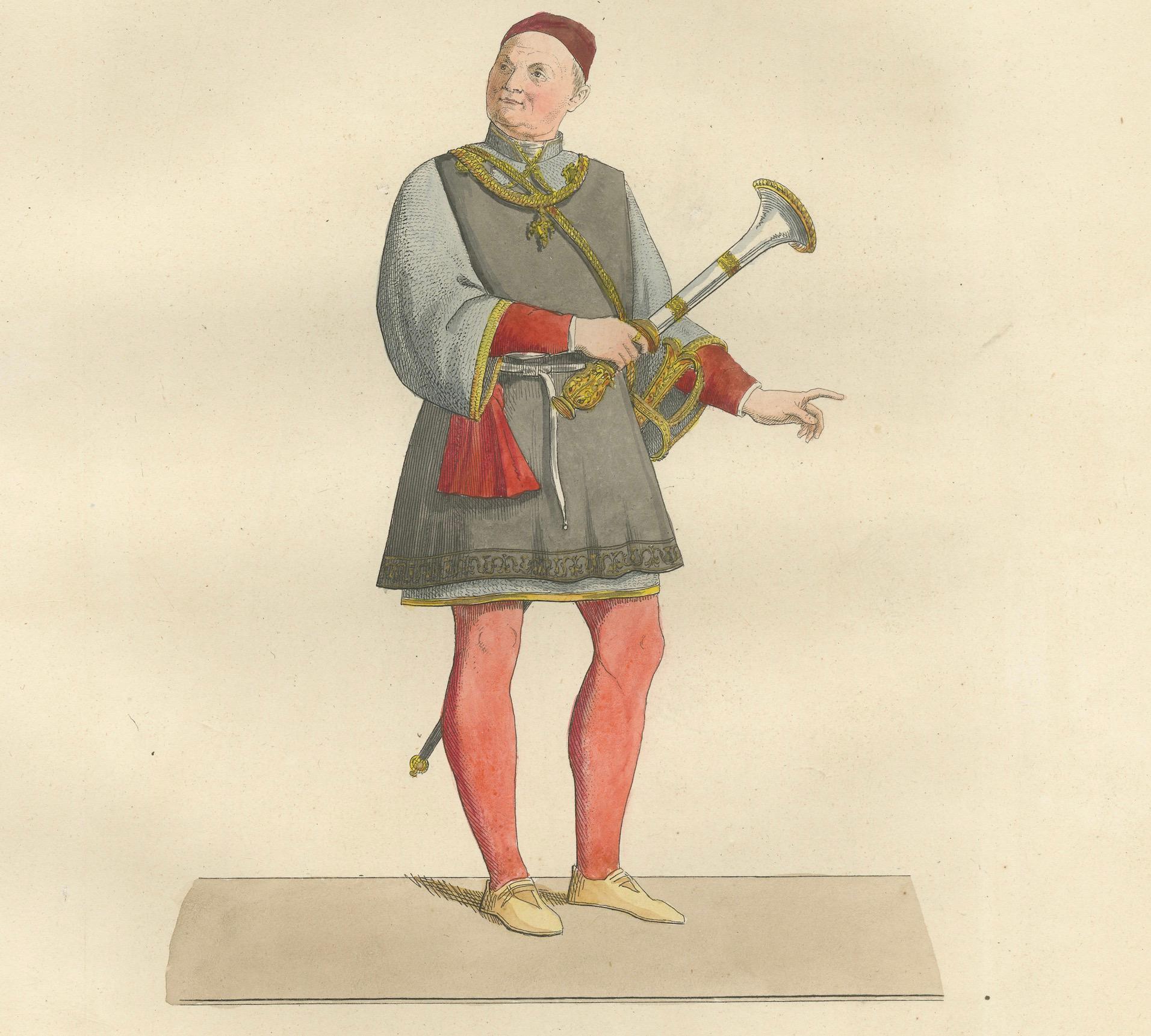 Medieval Fashion Ensemble from Rome and Venice, 14th–15th Century

This striking set of three hand-colored costume prints, drawn from the influential 1845 publication 