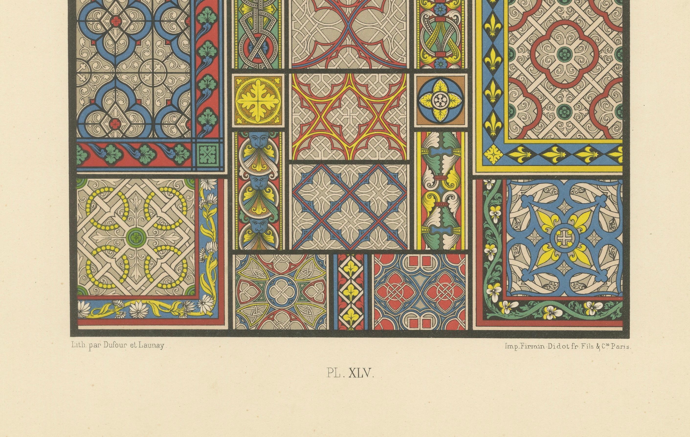 Motifs de carreaux de sol médiévaux - Motifs décoratifs du Moyen Âge, planche XLV, c.1869.

Cette chromolithographie richement détaillée, tirée de L'Ornement Polychrome (planche XLV), présente un remarquable assortiment de carreaux de sol décoratifs