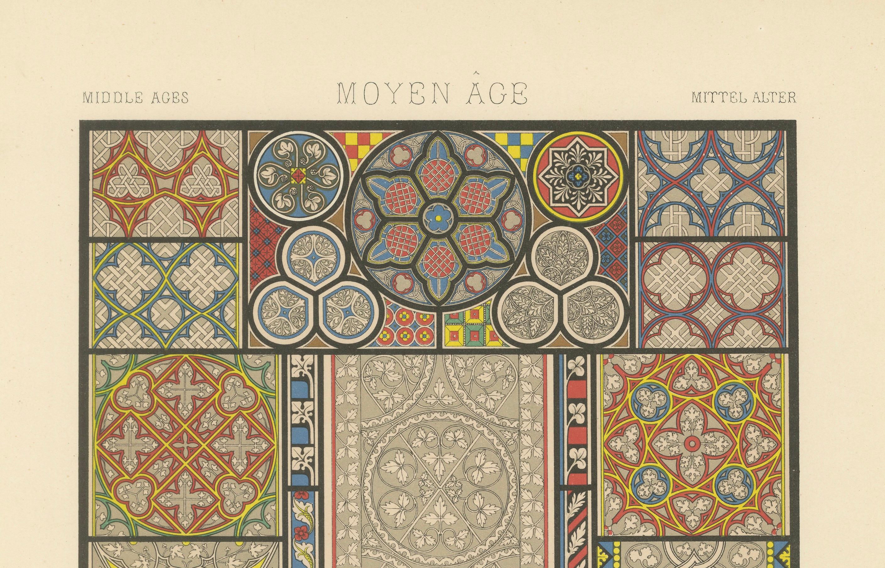Français Motifs de carreaux de sol médiévaux - Motifs décoratifs du Moyen Âge, planche XLV, c.1869. en vente