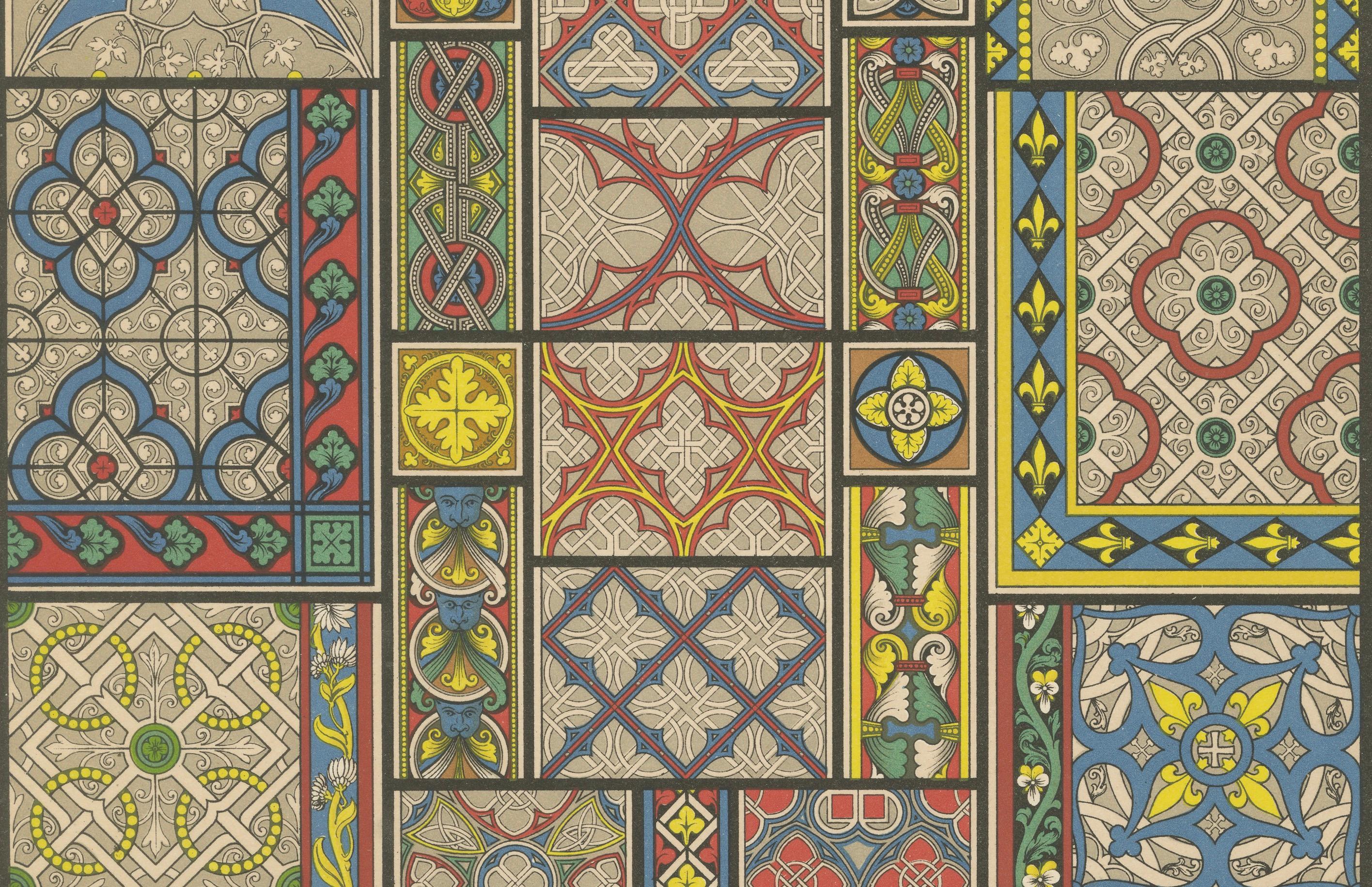 Motifs de carreaux de sol médiévaux - Motifs décoratifs du Moyen Âge, planche XLV, c.1869. Bon état - En vente à Langweer, NL
