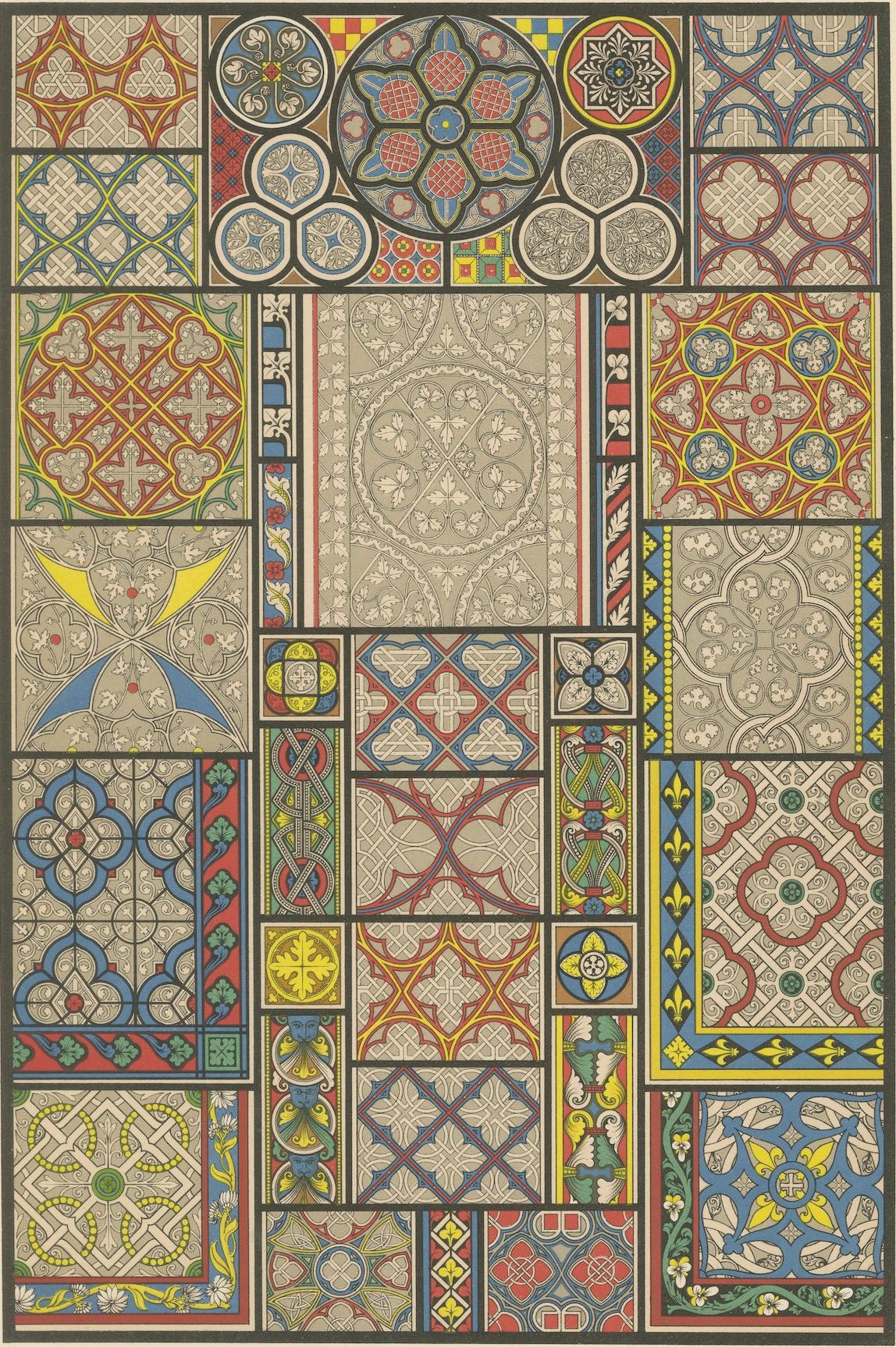 XIXe siècle Motifs de carreaux de sol médiévaux - Motifs décoratifs du Moyen Âge, planche XLV, c.1869. en vente