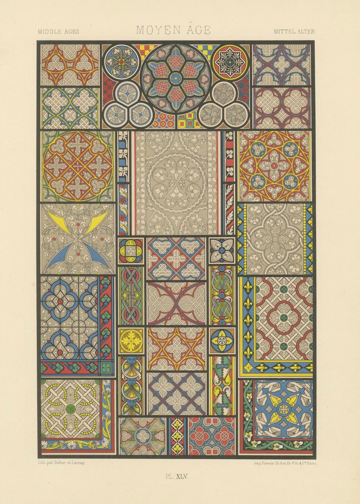 Papier Motifs de carreaux de sol médiévaux - Motifs décoratifs du Moyen Âge, planche XLV, c.1869. en vente