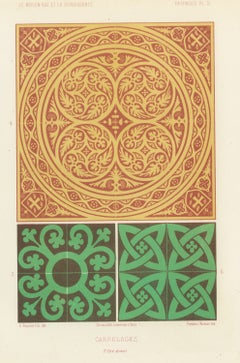 Medieval Floor Tiles, Foliate and Interlaced Patterns, Antique Print, 1851