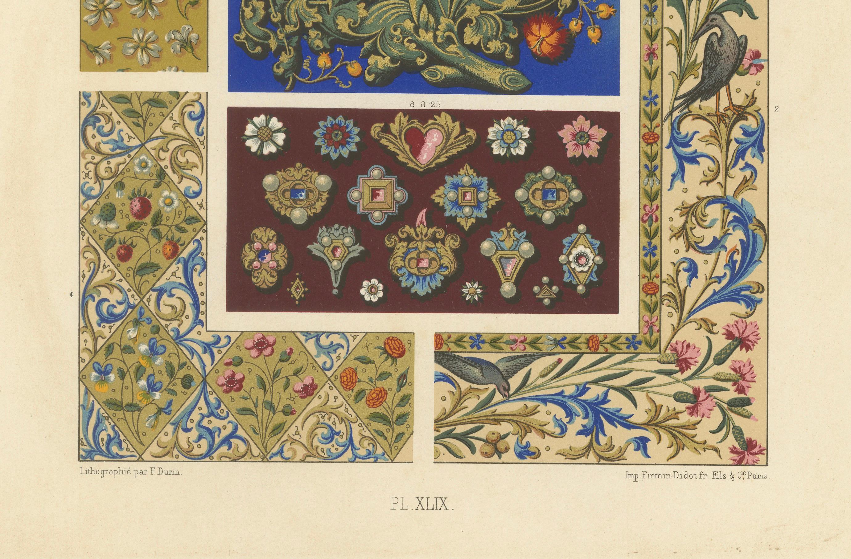 Flora y aves decorativas medievales - Ornamento gótico iluminado, Lámina XLIX, c.1869

Esta exquisita cromolitografía, la Lámina XLIX de *L'Ornement Polychrome*, muestra una cuidada colección de motivos florales y aviares de las artes decorativas
