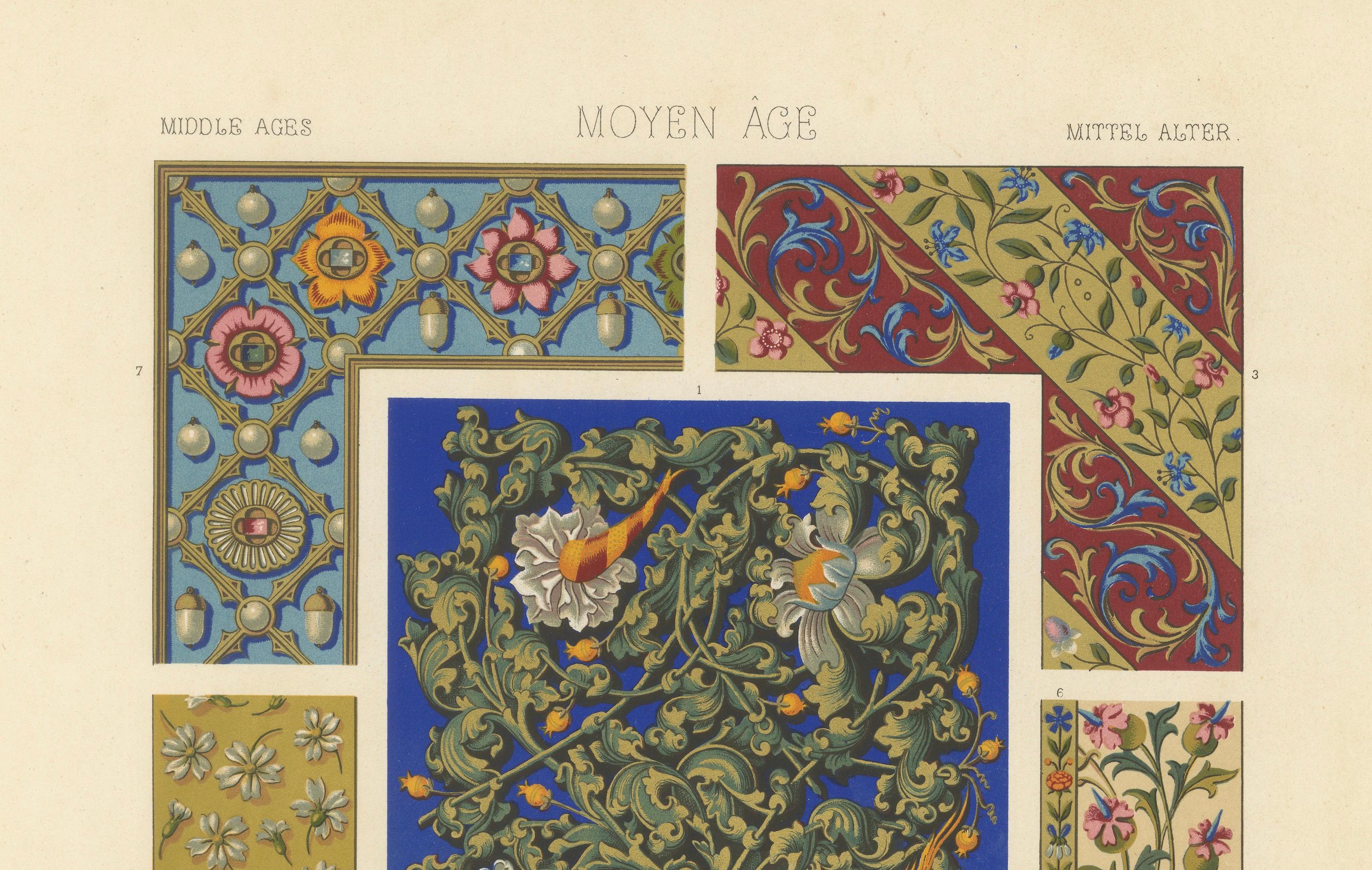 Flora y aves medievales - Grabado gótico iluminado, lámina XLIX, 1869 Francés en venta