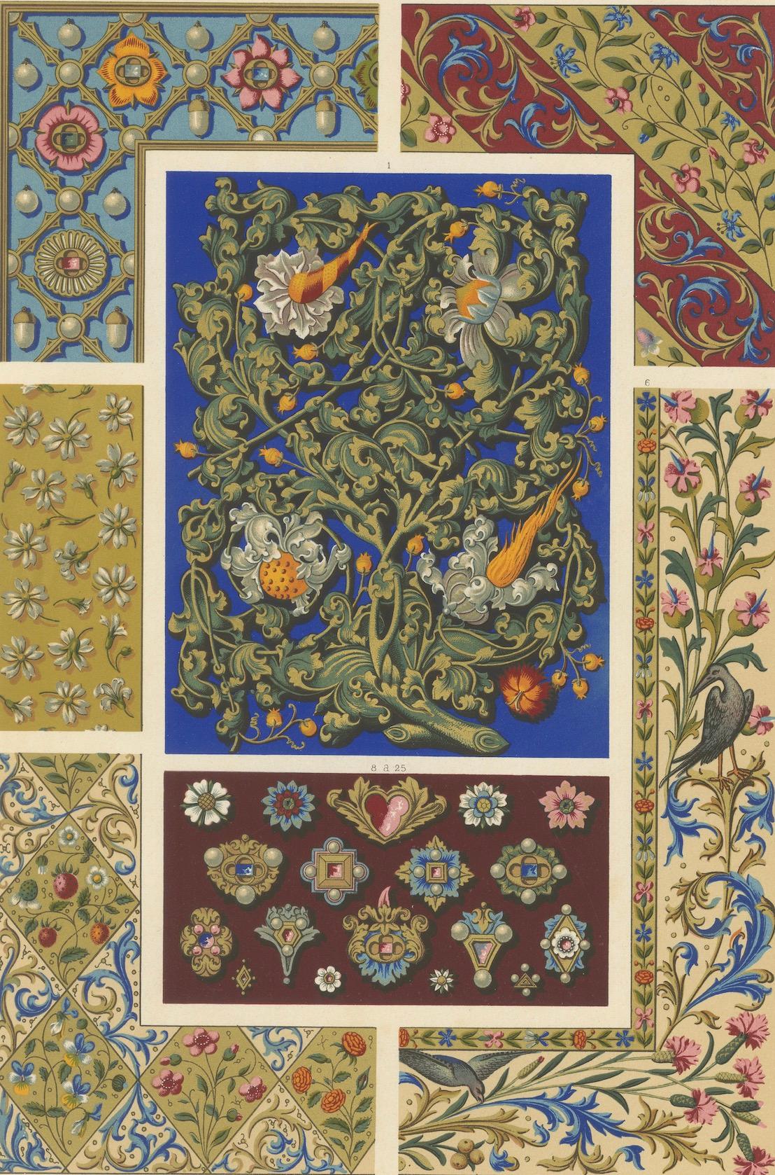 Flora y aves medievales - Grabado gótico iluminado, lámina XLIX, 1869 en Bueno estado para la venta en Langweer, NL