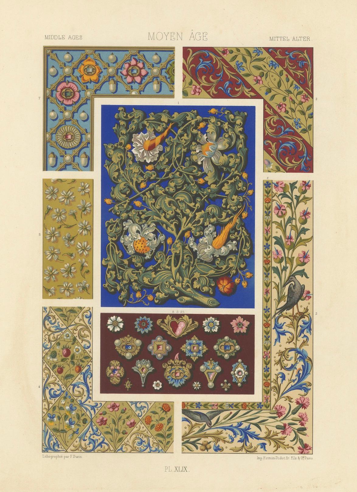 Flora y aves medievales - Grabado gótico iluminado, lámina XLIX, 1869 siglo XIX en venta