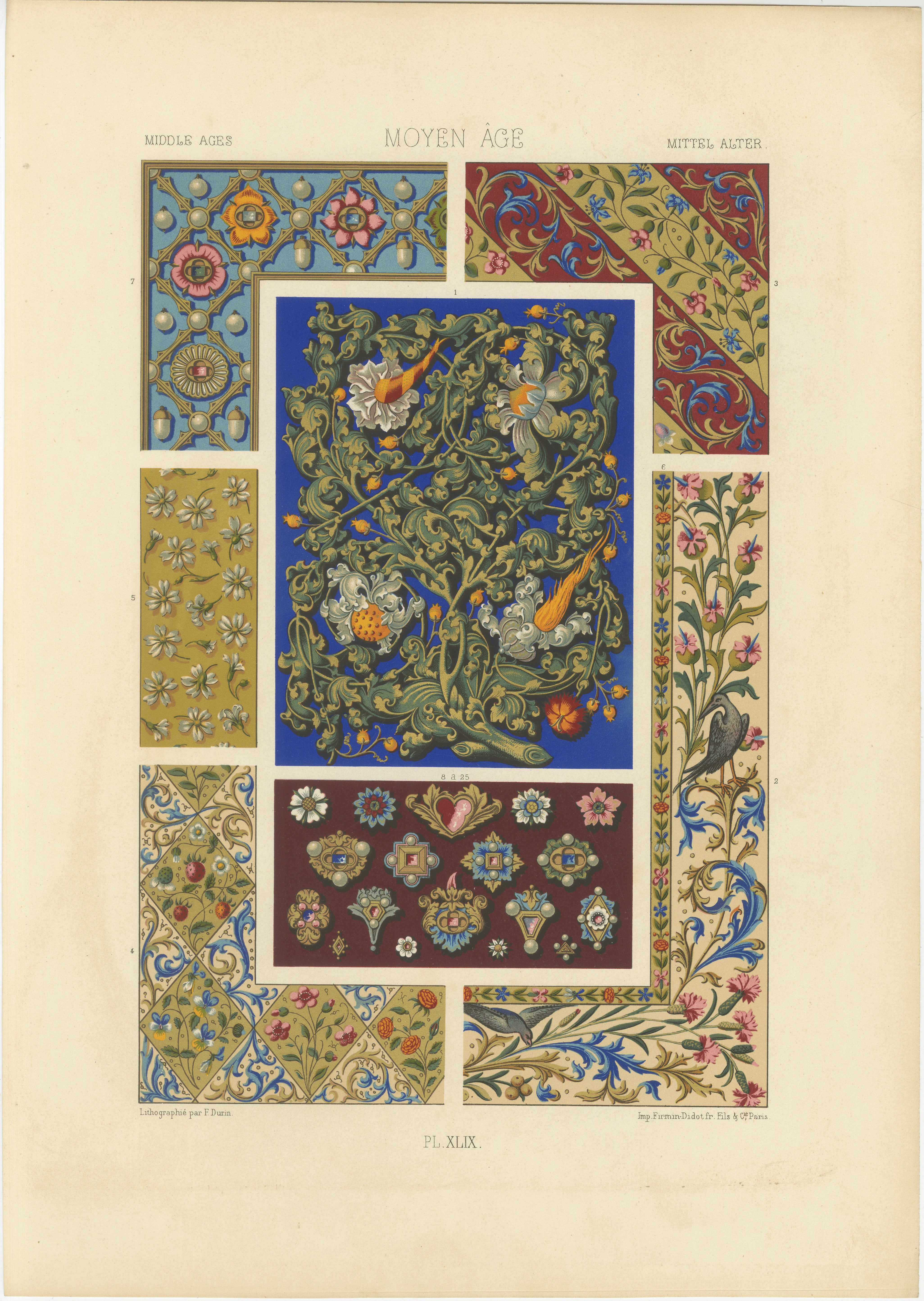 Flora y aves medievales - Grabado gótico iluminado, lámina XLIX, 1869 en venta