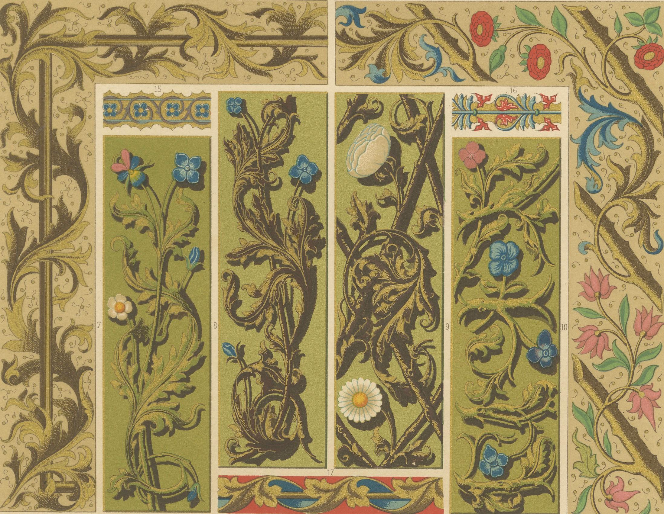 Bordes florales medievales - Motivos de Illuminated Manuscripts, Lámina L, c.1869

Esta cromolitografía ricamente detallada de la lámina L de L'Ornement Polychrome de Albert Racinet presenta una cautivadora serie de bandas florales verticales y