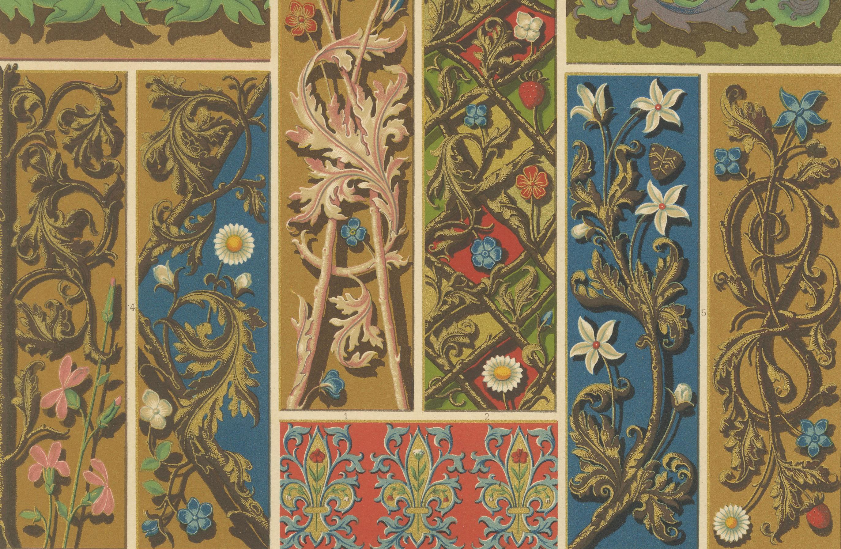 Bordes florales medievales - Motivos de Illuminated Manuscripts, Lámina L, c.1869 Francés en venta