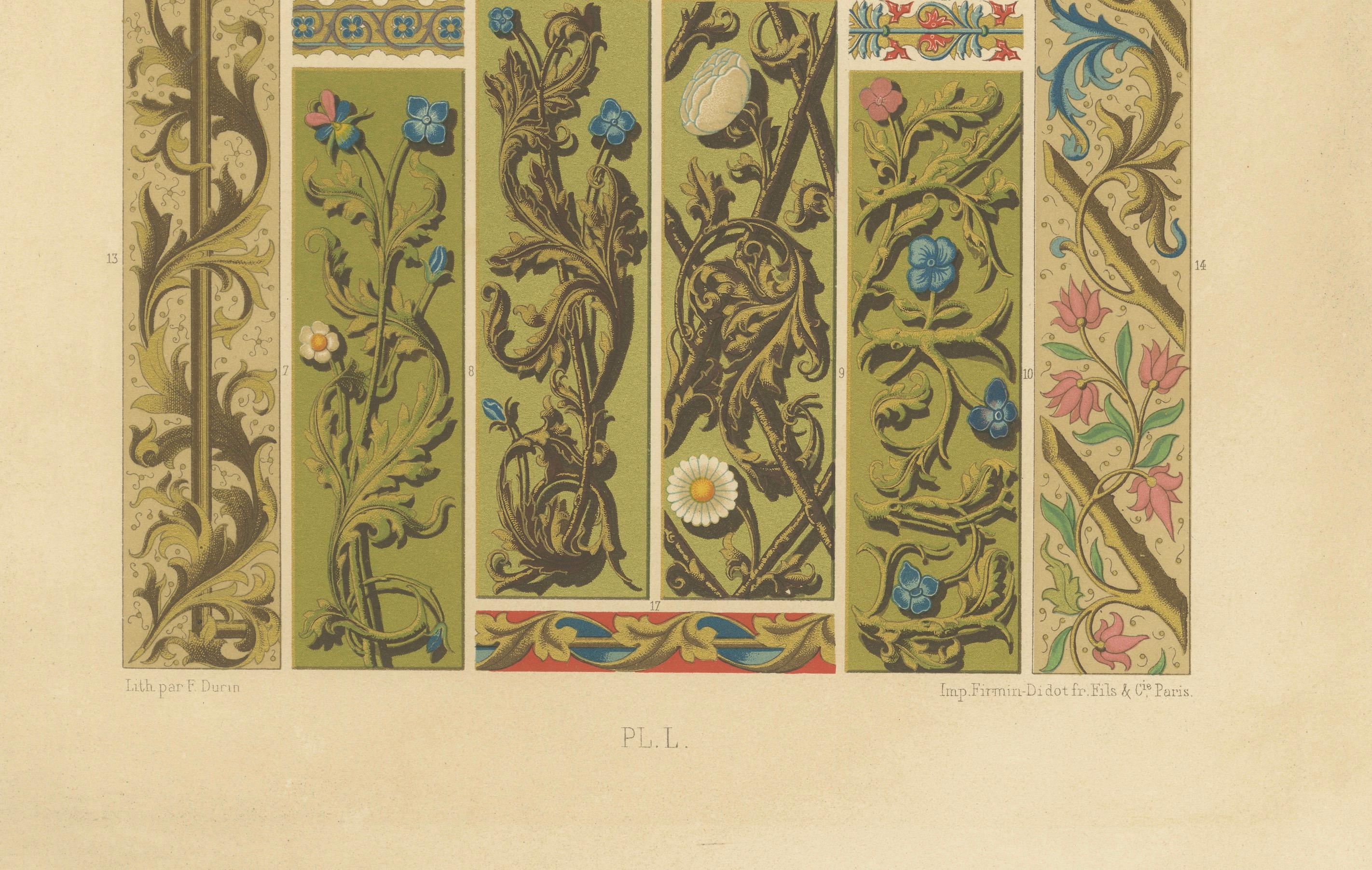 Bordes florales medievales - Motivos de Illuminated Manuscripts, Lámina L, c.1869 en Bueno estado para la venta en Langweer, NL
