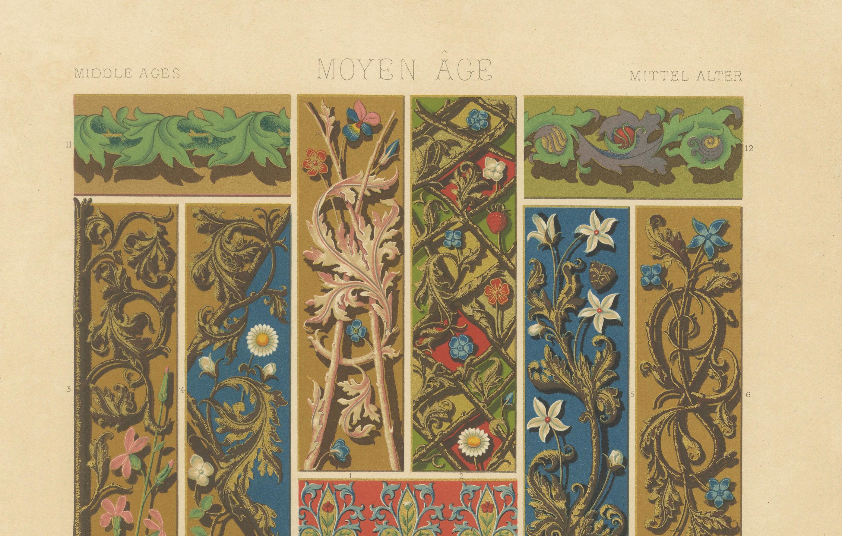 Bordes florales medievales - Motivos de Illuminated Manuscripts, Lámina L, c.1869 siglo XIX en venta