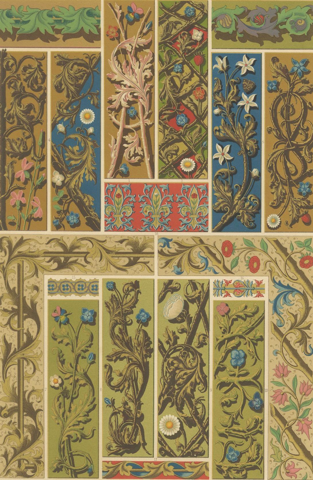 Bordes florales medievales - Motivos de Illuminated Manuscripts, Lámina L, c.1869 Papel en venta