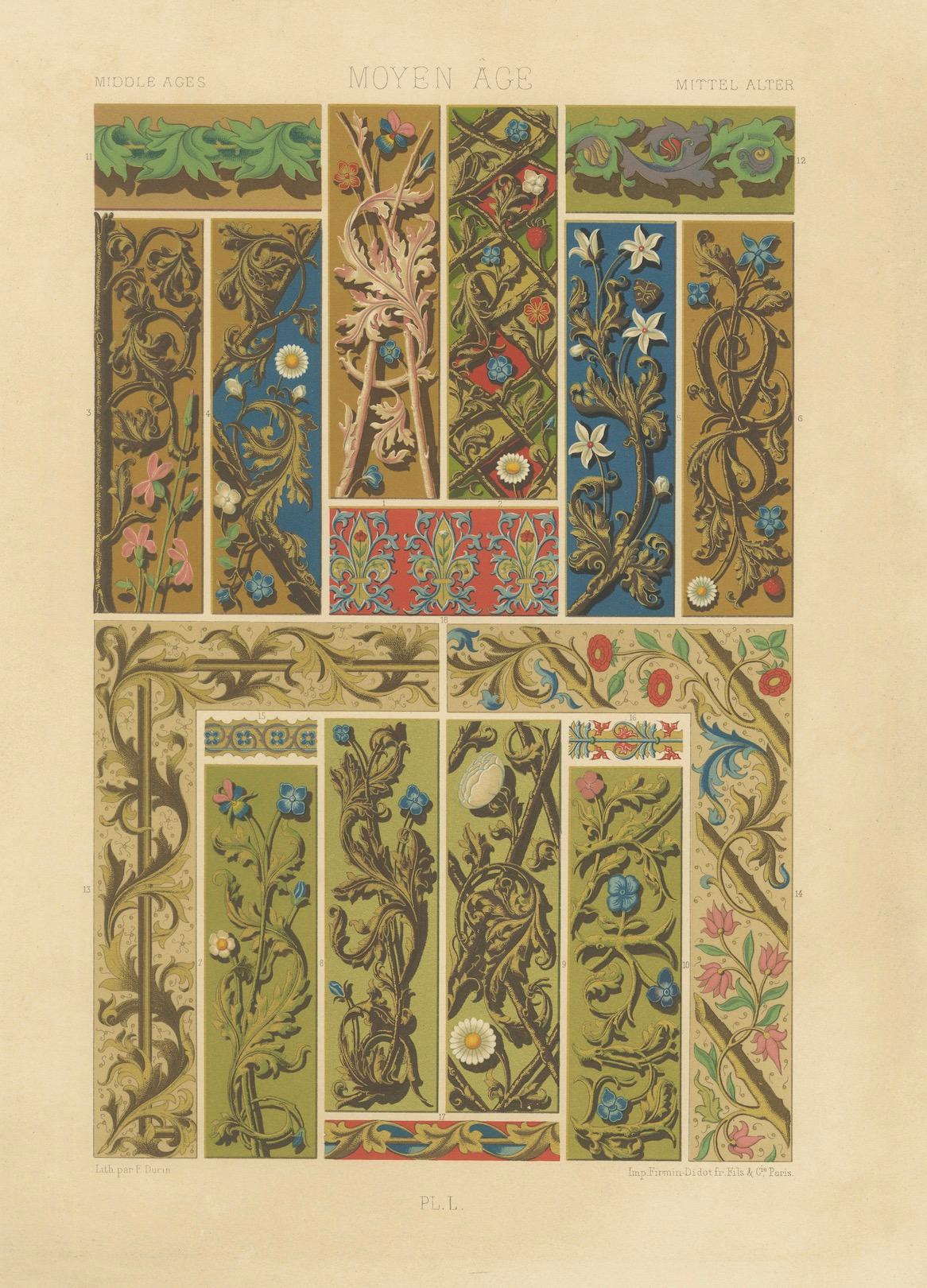 Bordes florales medievales - Motivos de Illuminated Manuscripts, Lámina L, c.1869 en venta 1