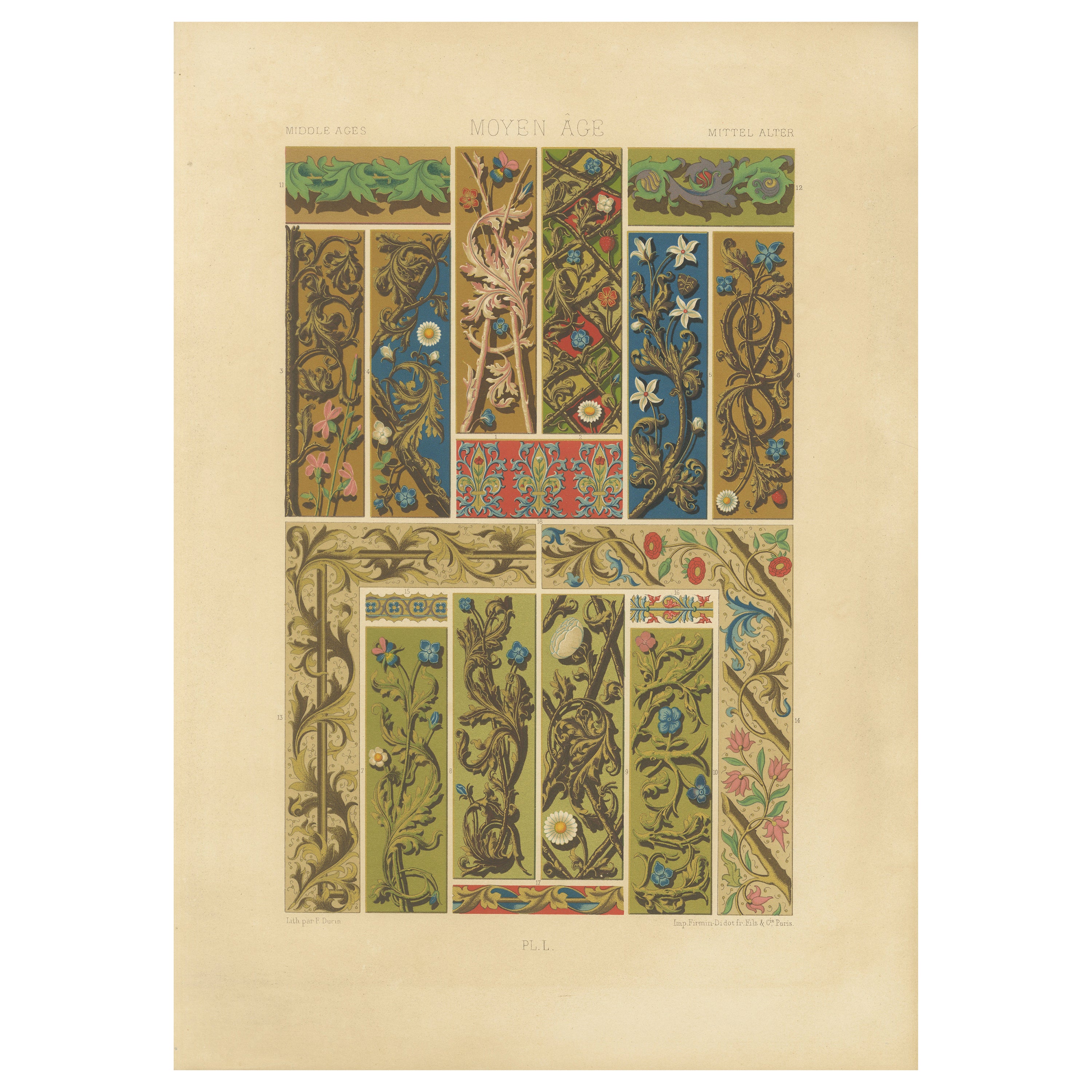 Bordes florales medievales - Motivos de Illuminated Manuscripts, Lámina L, c.1869