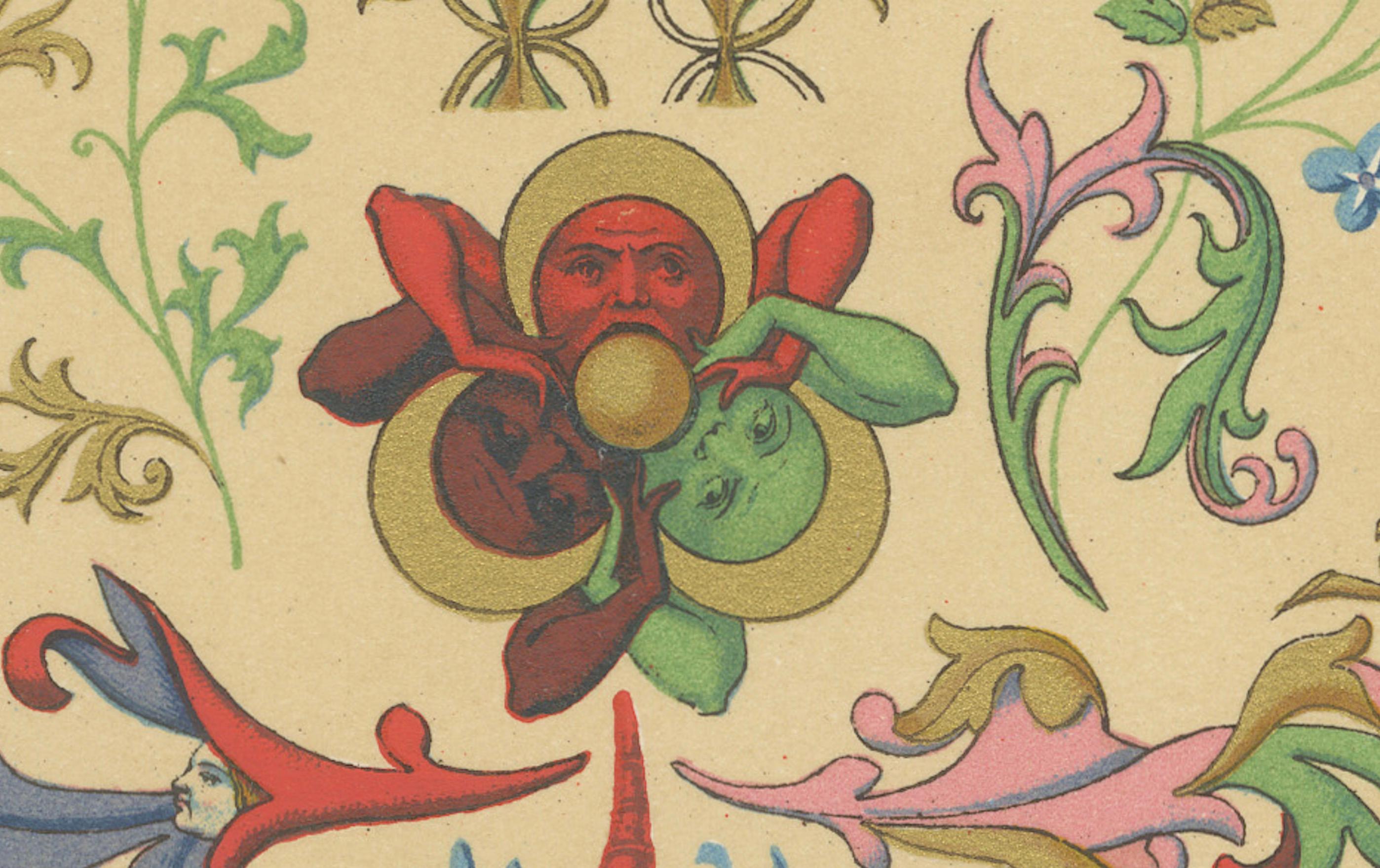 Ornamento floreale medievale - Motivi di Illuminated Manuscripts, Piastra XLVIII, c.1869

Questa cromolitografia ornata tratta da L'Ornement Polychrome (Plate XLVIII) presenta una vivida composizione di motivi decorativi floreali medievali ispirati