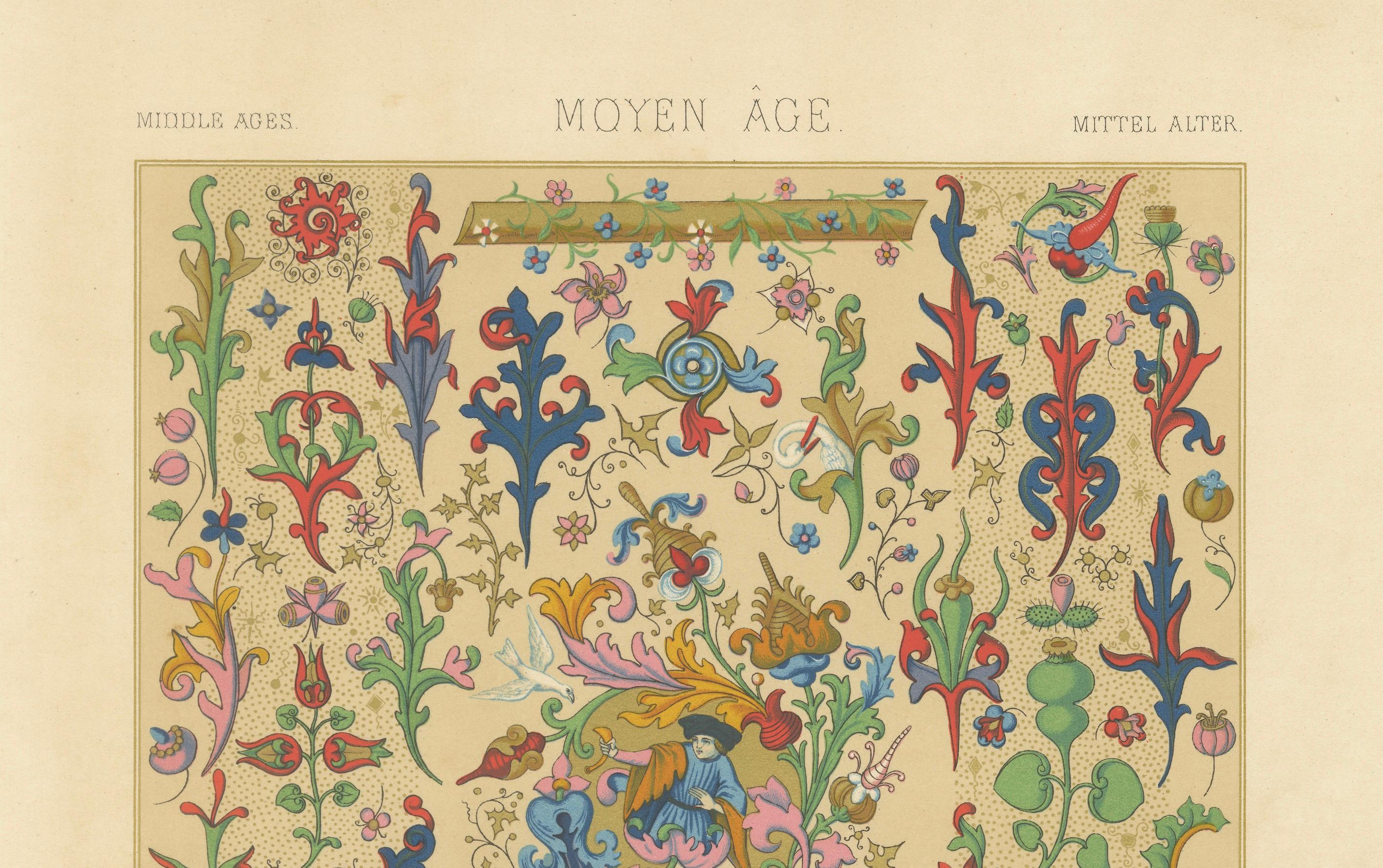 XIX secolo Ornamento floreale medievale - Motivi di Illuminated Manuscripts, Piastra XLVIII, c.1869 in vendita