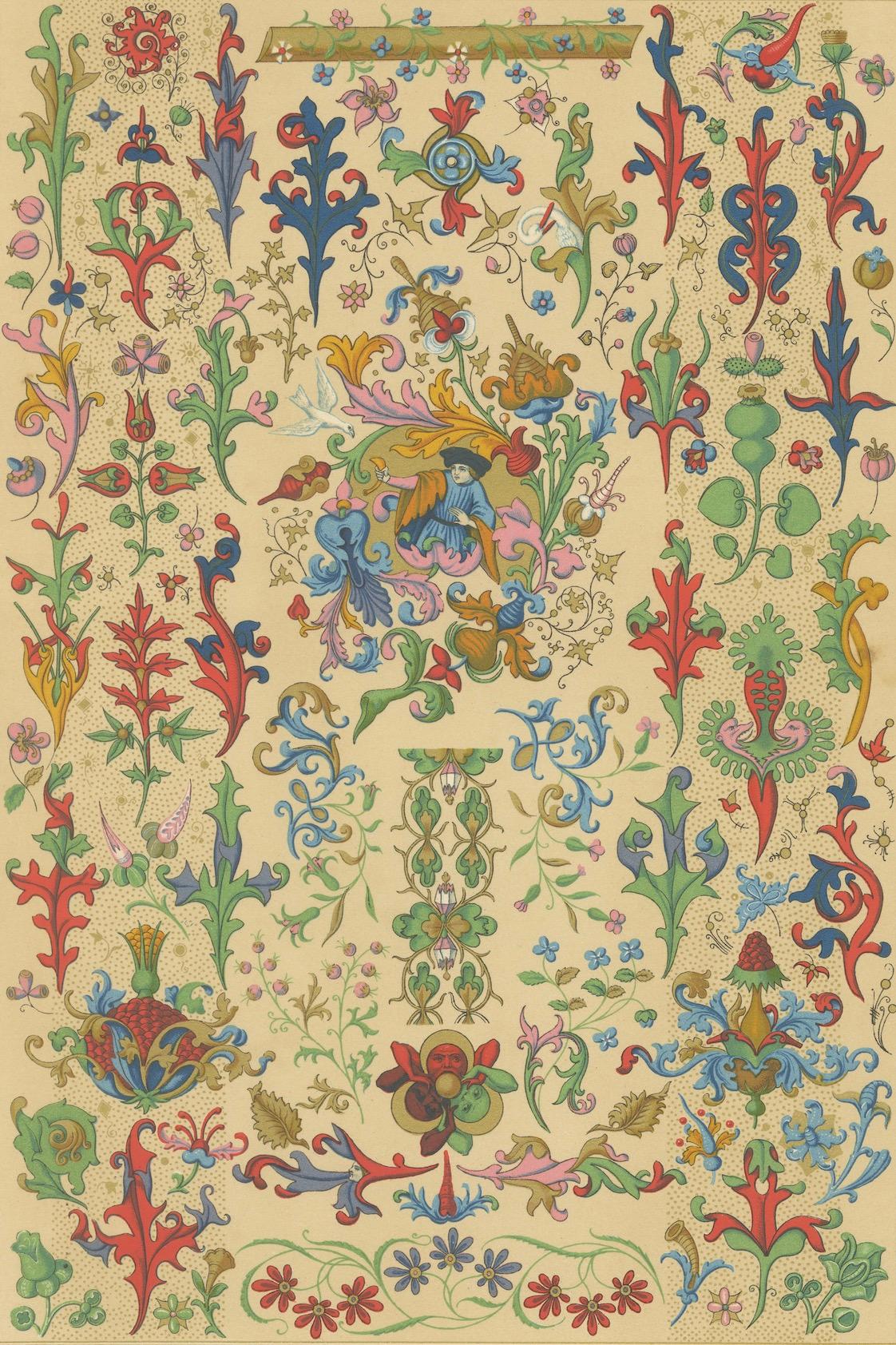 Carta Ornamento floreale medievale - Motivi di Illuminated Manuscripts, Piastra XLVIII, c.1869 in vendita