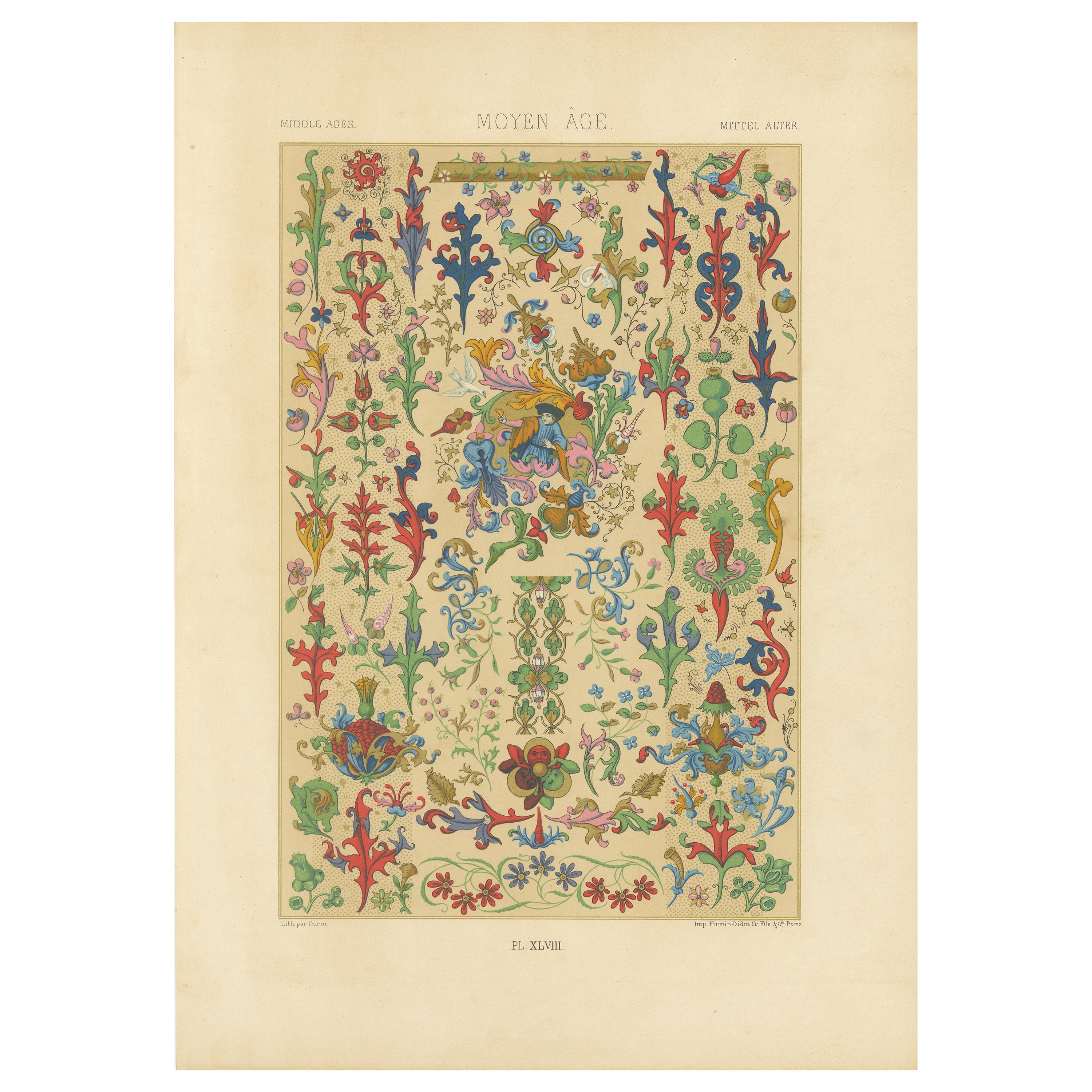 Ornamento Floral Medieval - Motivos de Manuscritos Iluminados, Lámina XLVIII, c.1869 en venta