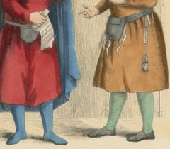 Medieval French Merchants in Discourse, Original Antique Engraving of 1847